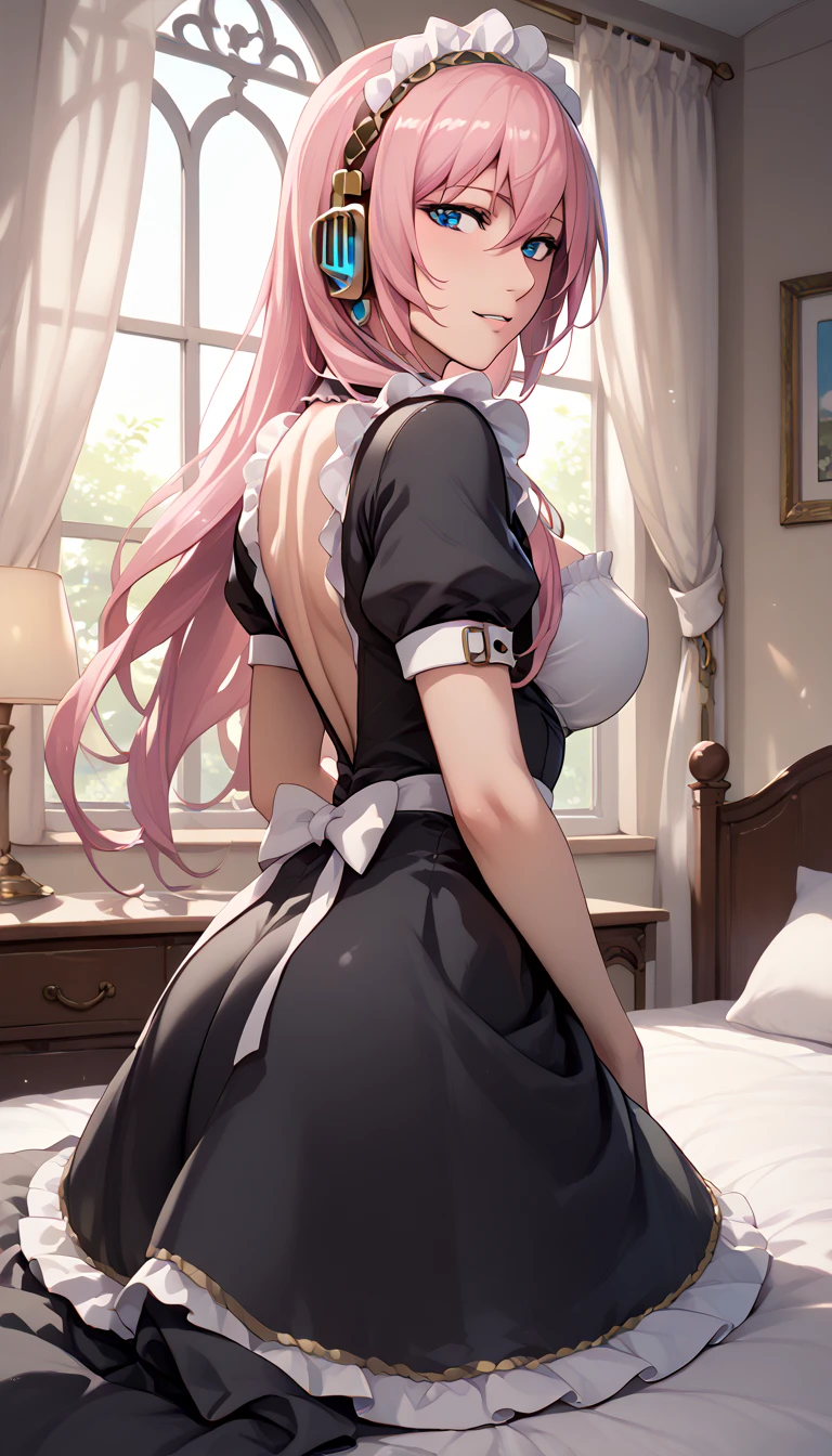 Erotic NSFW,(masterpiece), beautifully and in detail,ishigaki takashi Styles,luka megurine ,Long Pink Hair,Blue Eyes,Big Breasts, maid clothes,lure, from the back and flip the skirt:1.5,bedroom,