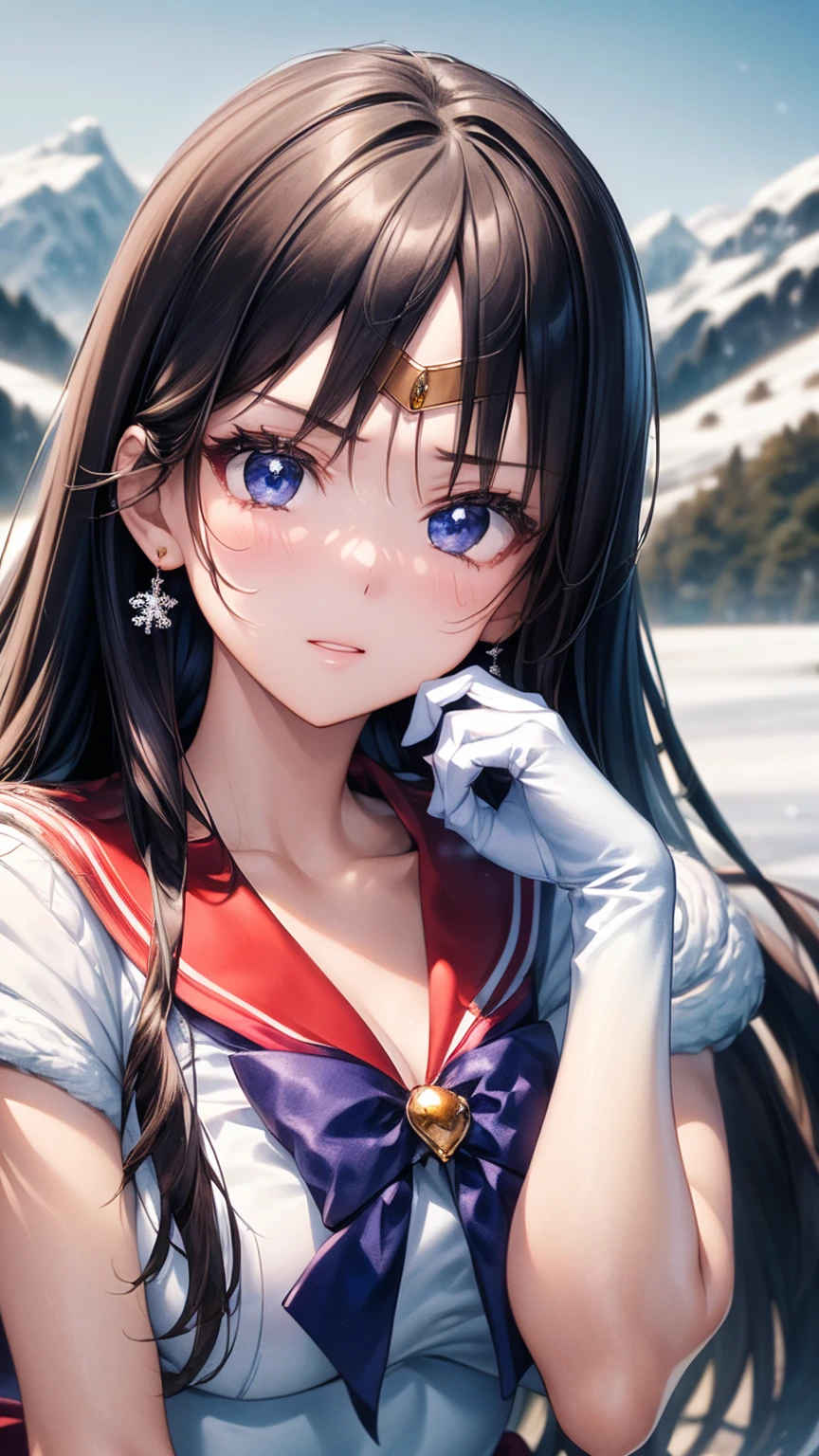 (masterpiece:1.2)、最 High Quality 、 high definition 、unified 8k wallpaper、( illustrations:0.8)、( beautiful detail :1.2、 beautiful details :1.2)、 Full Photo、 very detailed CG、(perfect hand、 Perfect Anatomy)、

 sailor sensi uniform 、 shiny hair 、 shiny skin、
 mature woman、Married Woman、 cute, beautiful, and charming woman {x} with a soft, gentle appearance and gentle motherly vibe、
 trapped in ice

Mars_a、 tiara 、 jewelry、 earrings、 black hair、 straight long hair 、Big Bust、 white elbow gloves 、Red Skirt、 beautiful detailed face 、Knee Boots、Red Choker、 red sailor color 、
(((Depict the whole body 、 high definition 、 anatomically correct、 best quality)))
Get on both knees
((Outdoor、 snowy mountains、Snowfield、Cheeks are a little red:1.5)))  ONE GIRL、Alone、 high definition 、 anatomically correct、最 High Quality 、masterpiece、最 High Quality 、 Ultra High Definition、 High Quality 、Extremely detailed and High Quality  、