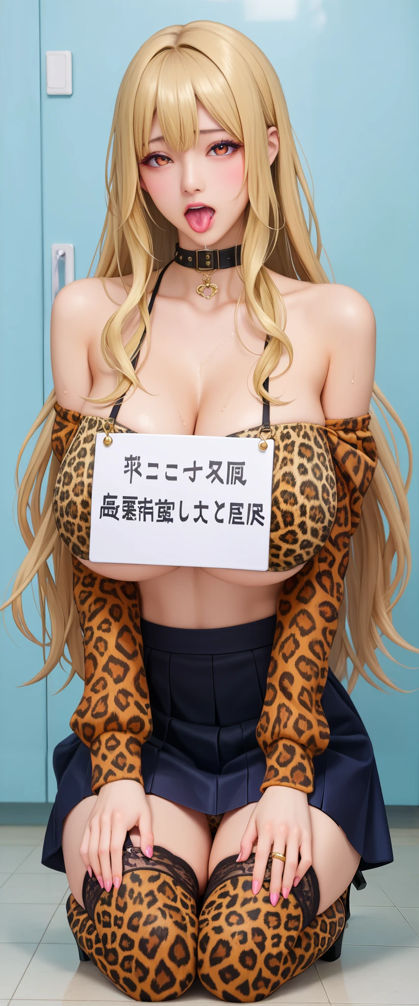 , score_9, score_8_up, score_7_up, 20 years old, 8k,  high definition ,  beautiful girl,  gold hair,  very long hair,   straight hair,  Closed Her Mouth , 1 girl,  detailed face ,  beautiful female face ,  sweater ,   viewers of the pin、 long foot、ruanyi1002,(leopard print:1.15),off shoulder,choker,black skirt,long sleeves,shirt,room、 Platform High Heels、cute、Big Breasts、Eyes that captivate the viewer、(gigantic breast)、Underboob、puffy sleeves、 stockings、 garter belt、 panties、 straight hair、funnel, ,  Embarrassing , , final, Vulgar, fucked stupidly,  steam,  wet,  above S, Falter,  orgasm,  ahehe,  female , saliva, saliva、ahegao、tongue out、rolling eyes、Hansei_b,sitting,seiza,sign