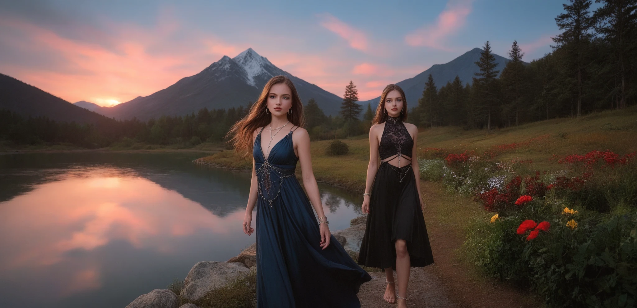 woman looking at the horizon, night, Moonrise , take the key, dark sky, dark blue dress, silver jewelry,  low lighting,  depth of field,  Dark Brown Hair, long hair in the wind, braless, whole body, collar with silver crucifix, hoop earring, silver rings ,  Silver Bracelet,  silver navel piercing , silver ankle chain, belly chain, strong black eyeliner, dark red nails ,  dark red lips,  bright blue eyes,  small breasts,  perfect face,  perfect hands, perfect feet,  perfect eyes, perfect nose, highly detailed, low contrast,  best quality ,  masterpiece ,  high definition , mountain, Lake, garden, pine trees,  bare feet 