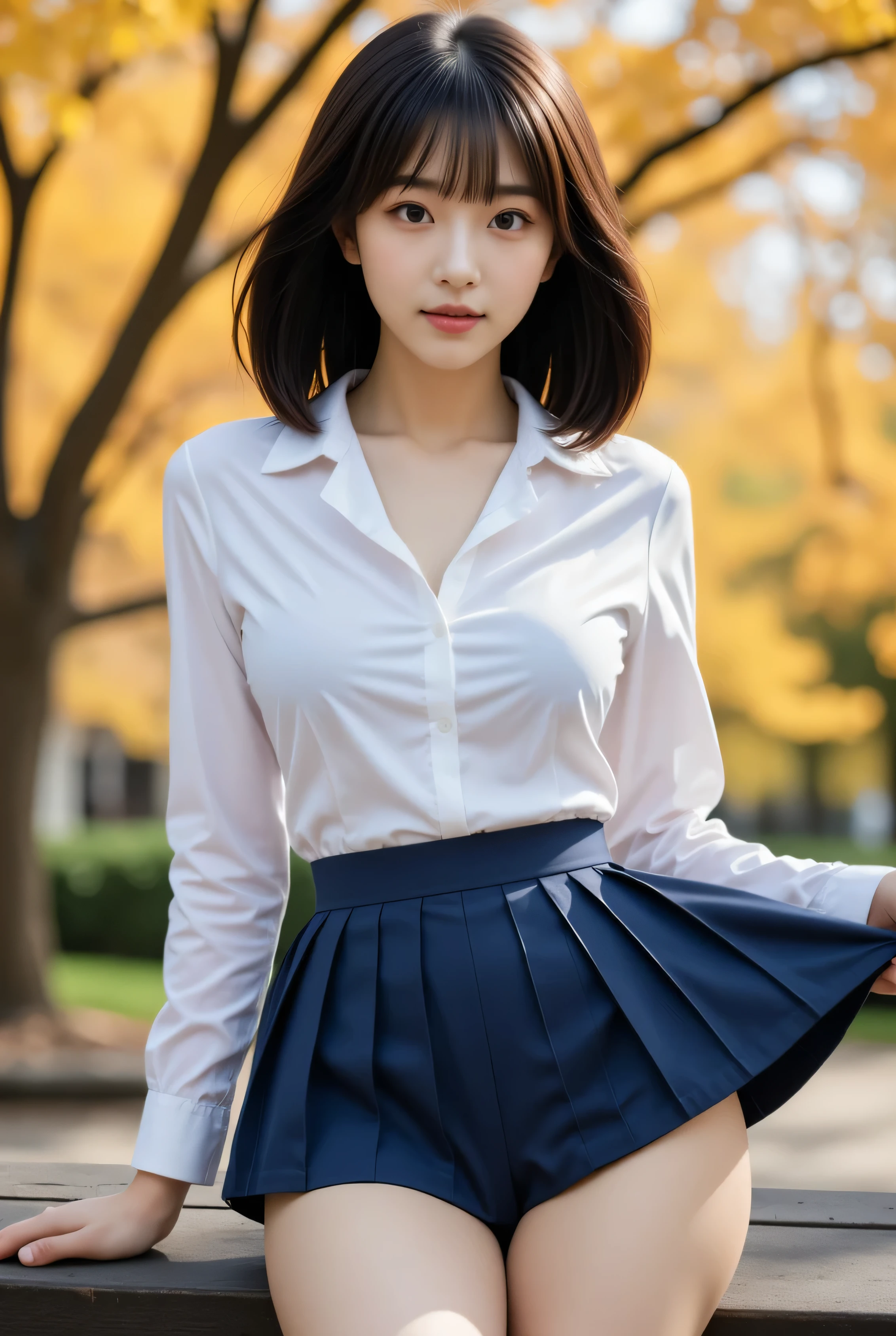 , pretty face, perfect body, small waist and big breasts, slim legs, big breasts, realistic skin, full body image, (redemption, 8k, masterpiece: 1.2), Japanese female, 18 years old, (high resolution beautiful face), amazing face and eyes, (highest quality: 1.4), (ultra detailed), (high resolution CG integrated 8K wallpaper), high resolution, high resolution raw color photo, professional photo, realistic portrait, amazing face and eyes, depth of field, ((elaborately designed, gorgeous and colorful adult costume)), ((elaborately designed, gorgeous and colorful adult shorts, high resolution panty portrait, highly detailed panty drawing)), ((unique pose showing panties), ((spreading legs, raising legs)) mouth slightly open, (((lifting skirt herself))), (lifting herself), panties with lace, small panties, attention to panties,(masterpiece, best quality), 1girl, Alone, ,View your viewers, Young Japanese Woman, High school girl, Beauty, Super beautiful idol-like face, Beautiful slim figure like a model, Shiny black hair、With bangs、Slightly longer bob hair, (tight White shirt, Sailor school uniform, big breasts, Navy blue pleated skirt), Sitting on a bench in a beautiful autumn park, Real Photo