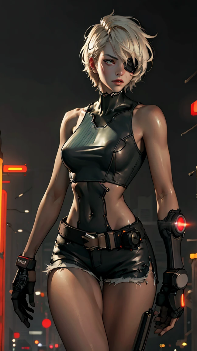 a cyberpunk female android with cybernetic body modifications, techarmor, lilac short hair, eyepatch, intricate cyberpunk mechanical details, dramatic lighting, neon cyberpunk city background, (best quality,4k,8k,highres,masterpiece:1.2),ultra-detailed,(realistic,photorealistic,photo-realistic:1.37),highly detailed face and eyes,octane render,unreal engine,cinematic lighting,cinematic composition,moody colors,neon lights,gritty cyberpunk atmosphere