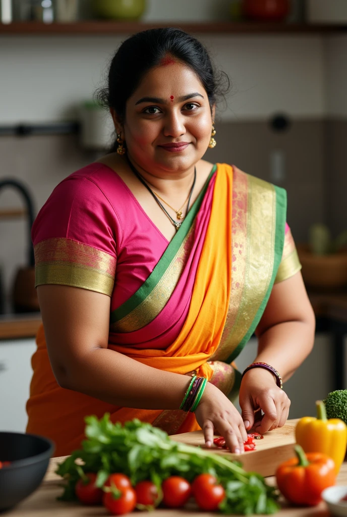 1girl, sexy, 35 years old Indian woman, (mature woman:1.3, middle aged bhabhi,cutting vegetables in kitchen, (freckles:0.2), kitchen, detailed background, indoor, hires, (photorealistic:1.4), wide shot, full body photo, wearing transparent saree, ((full saree)), beautiful fluffy saree, thick curvy aunty, highly detailed, hyper realistic, traditional colourful saree, wind blowing, big chest, dusky skin, most beautiful woman, sexy body, sexy eyes nose lips,seductive face, superb lighting, shot from above, shot from some distance, wide angle view