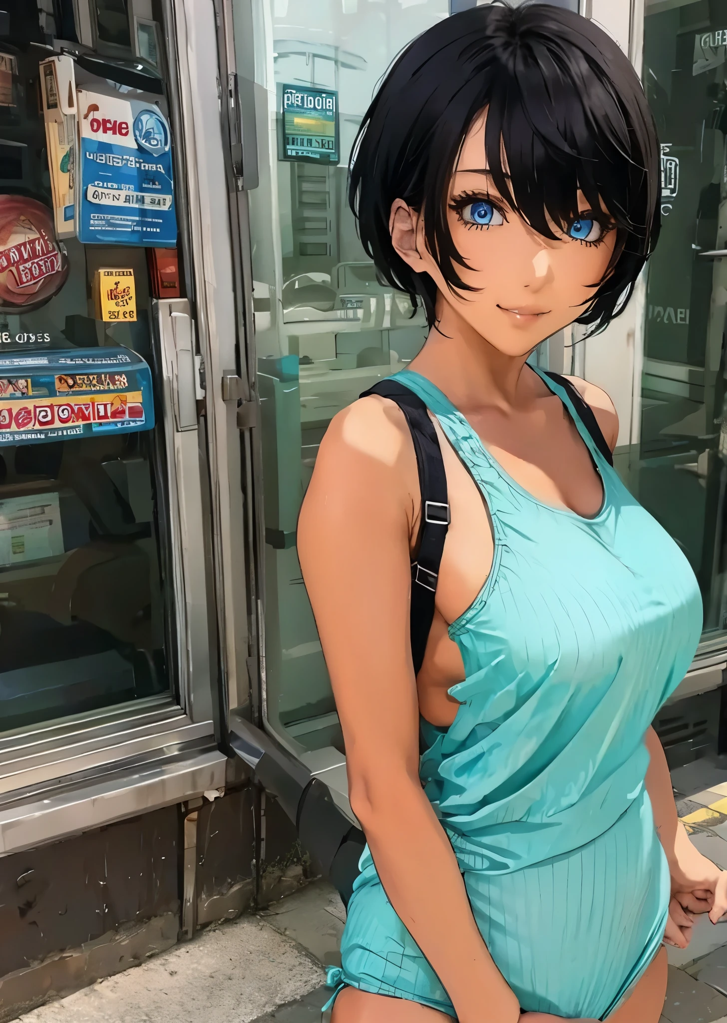  high school girl、  and  、solo、 black hair、 short bob hair、bangs、 Big Breasts  、 Casual Street Fashion 、