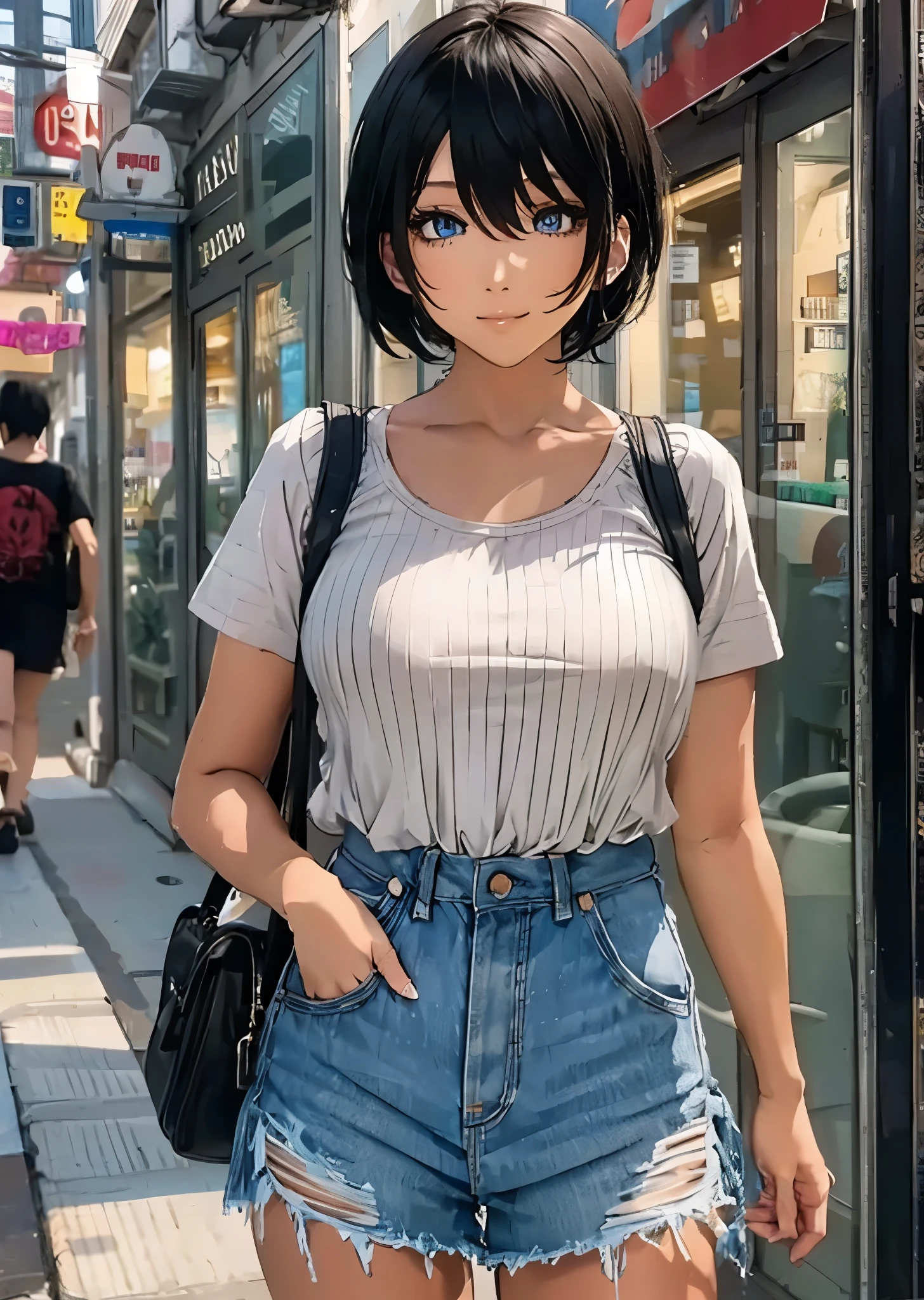  high school girl、  and  、solo、 black hair、 short bob hair、bangs、 Big Breasts  、 Casual Street Fashion 、