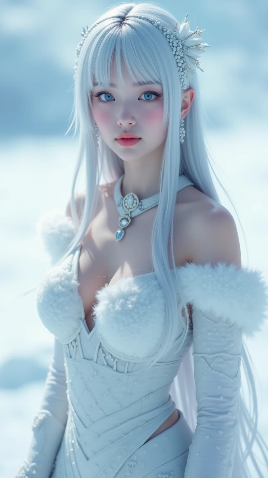 One wearing a white dress、Close up of cat-eared woman, ethereal beauty, Stunning young and ethereal figure, huge breasts,bigger breasts,G cup,flowing white robe, flowing skirt, flowing magic robe, beautiful girl, Very beautiful elf top model, Beautiful digital art work, tall thin beautiful goddess, beautiful goddess, Beautiful fantasy girl, beautiful fantasy art, Smooth digital concept art, Smooth anime CG art,heavy snow,snow mountain,lake,white hair