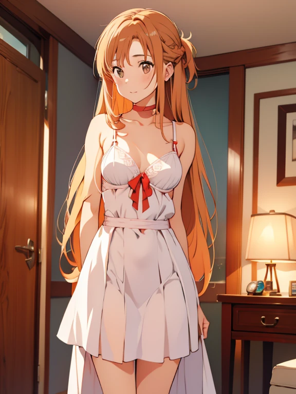 Asuna Yuki, beautiful anime style woman, highest quality, perfect anatomy, super detailed, 1 girl, alone, chest, sports body, good hand, good legs, good knees, near sky, performer, long hair, medium chest, looking at the viewer, Happy, bangs, brown hair, thighs thighs thighs, gloves, dress, cleavage, bare shoulders, brown eyes, とてもlong hair, cross your legs, 白いgloves, White dress, armor, white thighs, garter strap, White armor,skirt lift, white lace panties,on the bed,