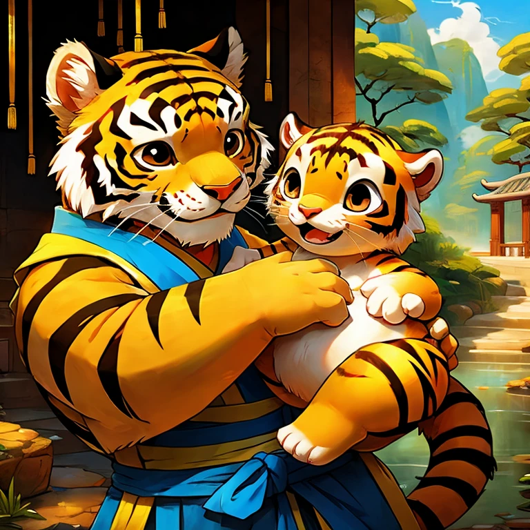 Ancient china , Tiger, Cute, Yellow and blue, Highest quality, detail, with baby