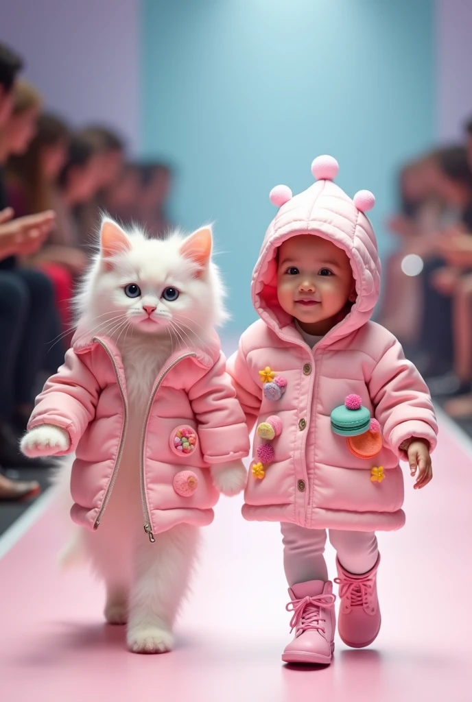 Realistic photo of Sophia, a white kitten and a cute white Korean baby with bright eyes, touches of pastel colors while parading on the fashion runway wearing sweet clothes. They should wear pink quilted coats decorated with three-dimensional appliques of Macarons and other sweets on the front side. Must wear pink lace-up boots and smile as you walk. The background should be a runway show with the audience blurred out, the pitu kitten's outfit is the same as a baby's.