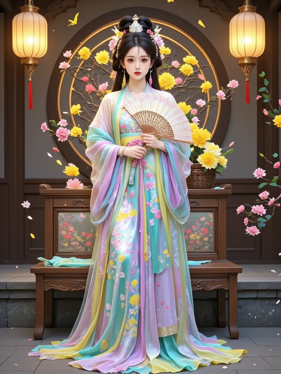 Surrealism full body portrait, stunning delicate and refined Chinese woman stands in a quiet garden, holding a magnificent, exquisitely crafted luxurious fan that covers the lower part of her face, and her eyes are open; the fan has an elegant lattice, unique coloring, interweaving of bright feathers and silk tassels that sparkle in the soft golden light of a traditional Chinese lantern, the majestic beauty of the fan, the refined features of the woman's face, her striking gaze, evoke the unrivaled elegance and mystery of the East.
She is dressed in a luxurious traditional Chinese long gown, intricately embroidered with exquisite floral and bird patterns, vibrant in color and rich in detail, showcasing superb craftsmanship. The cuffs and collar of the gown are adorned with delicate gold thread trim, adding a touch of opulence. Around her waist is a silk sash, embellished with intricate jade ornaments and tassels that sway gently with her movements.
On her feet, she wears a pair of finely embroidered shoes, featuring floral designs that echo the motifs on her gown. The shoes have slightly upturned toes, exuding a classical charm. The color of the shoes harmonizes perfectly with her attire, creating an elegant and cohesive overall appearance.