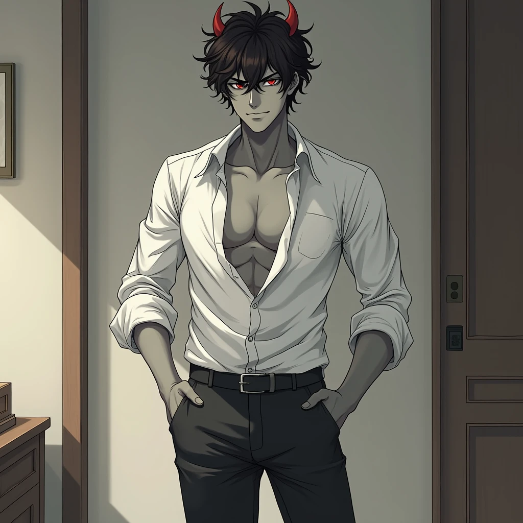 Handsome male, black hair, long hair, emerald eyes, detailed body, detailed hands, black shirt, black pants, standing in the door, nightfall, huge bulge in pants, horns, piercings, long sleeve shirt, manly, arrogant expression, buff man, handsome