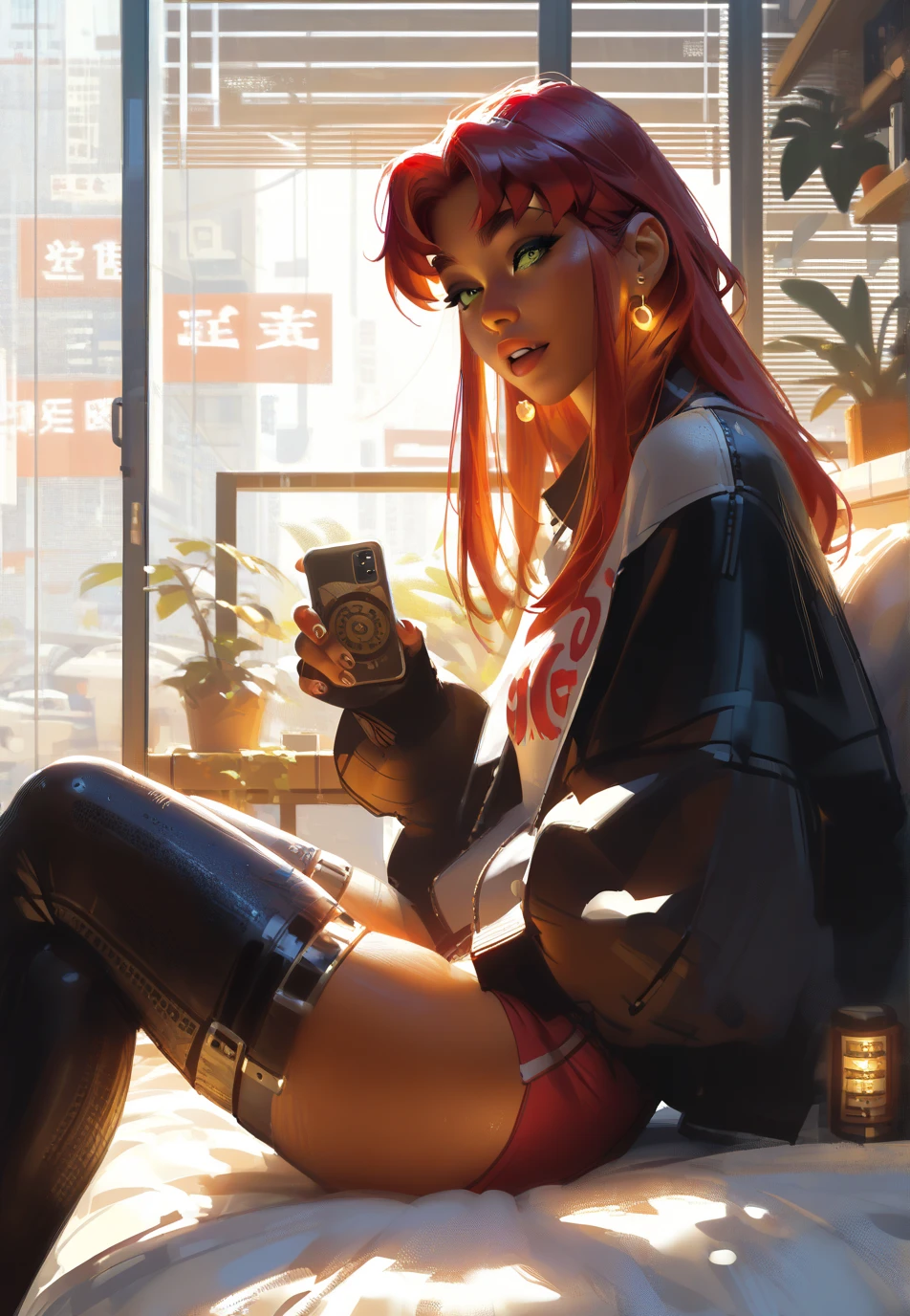  ,Fit to resolution,sce to size,full image,GUWEIZ ARTWORK ,
1. Cinematic Atmosphere:  , STARFIRE , fun,,coolest pose ,, sitting on her bed,balcony window view behind  her, looking away ,best color