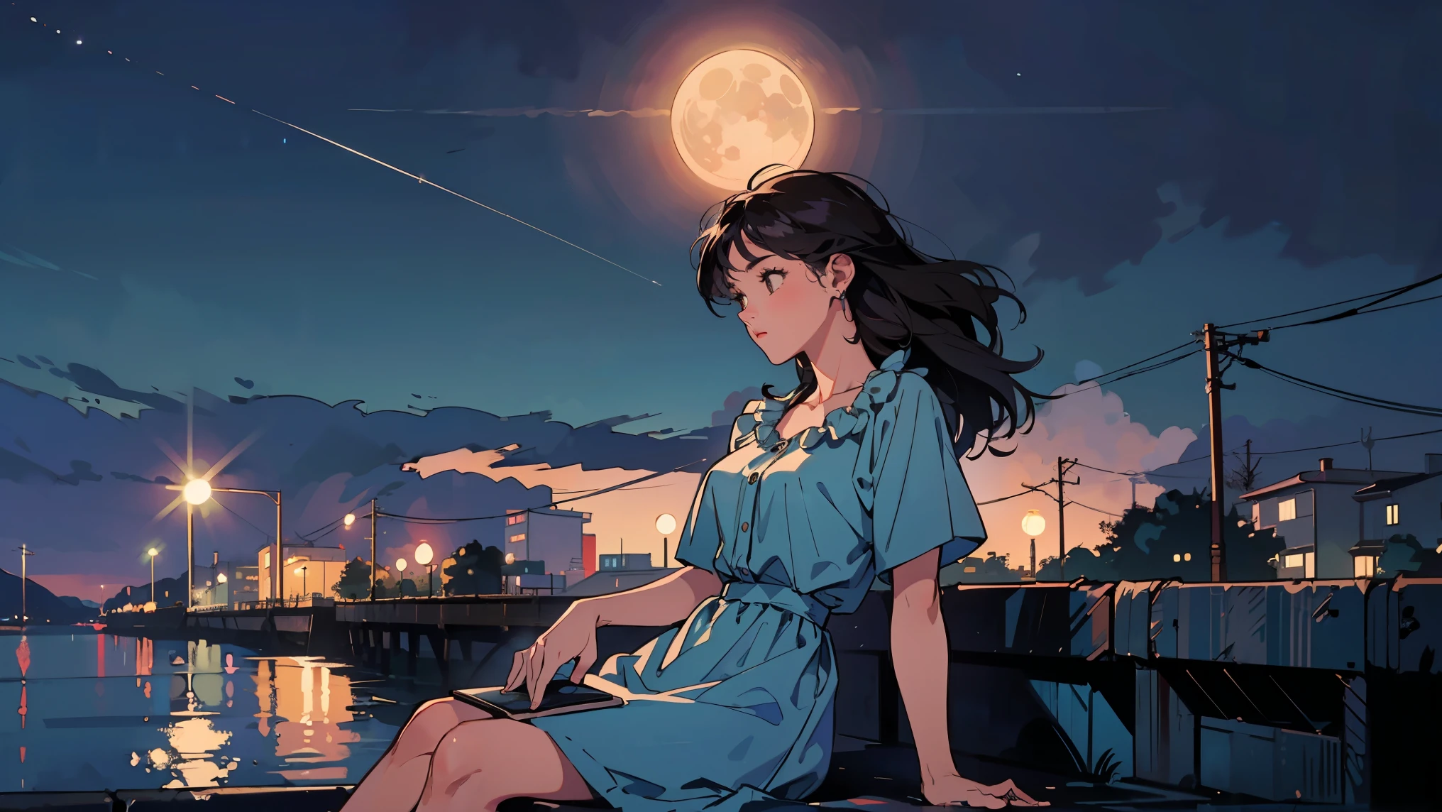 Anime girl sitting on a dock at night with a full moon in the ...