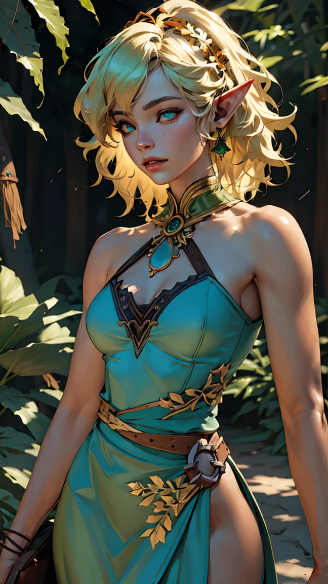 a golden curly haired elf girl,green dress,leaf crown,detailed face,beautiful detailed eyes,beautiful detailed lips,extremely detailed,photorealistic,fantasy art,highly detailed,intricate details,dramatic lighting,vibrant colors,lush environment,detailed foliage,nature elements,magical atmosphere,cinematic composition,(best quality,4k,8k,highres,masterpiece:1.2),ultra-detailed,(realistic,photorealistic,photo-realistic:1.37)