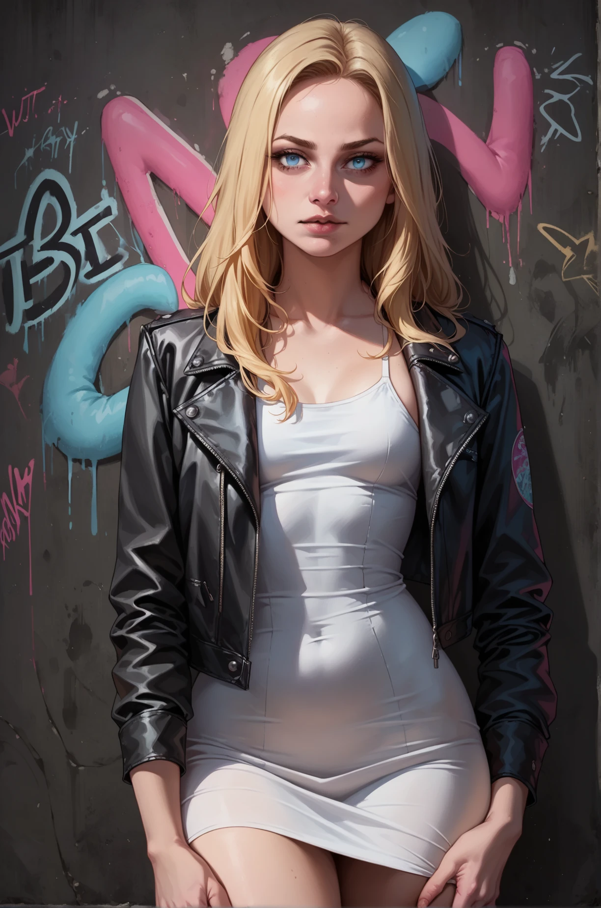 score_9, score_8_up, score_7_up, cartoon of a girl, solo, sexy, slutty, blue eyes, long blonde hair, leather jacket, white sundress, small breast, visible thighs, grabbing, moody and gritty, neon lighting, neon graffiti, colorful graffiti, pov, from front, black wall background