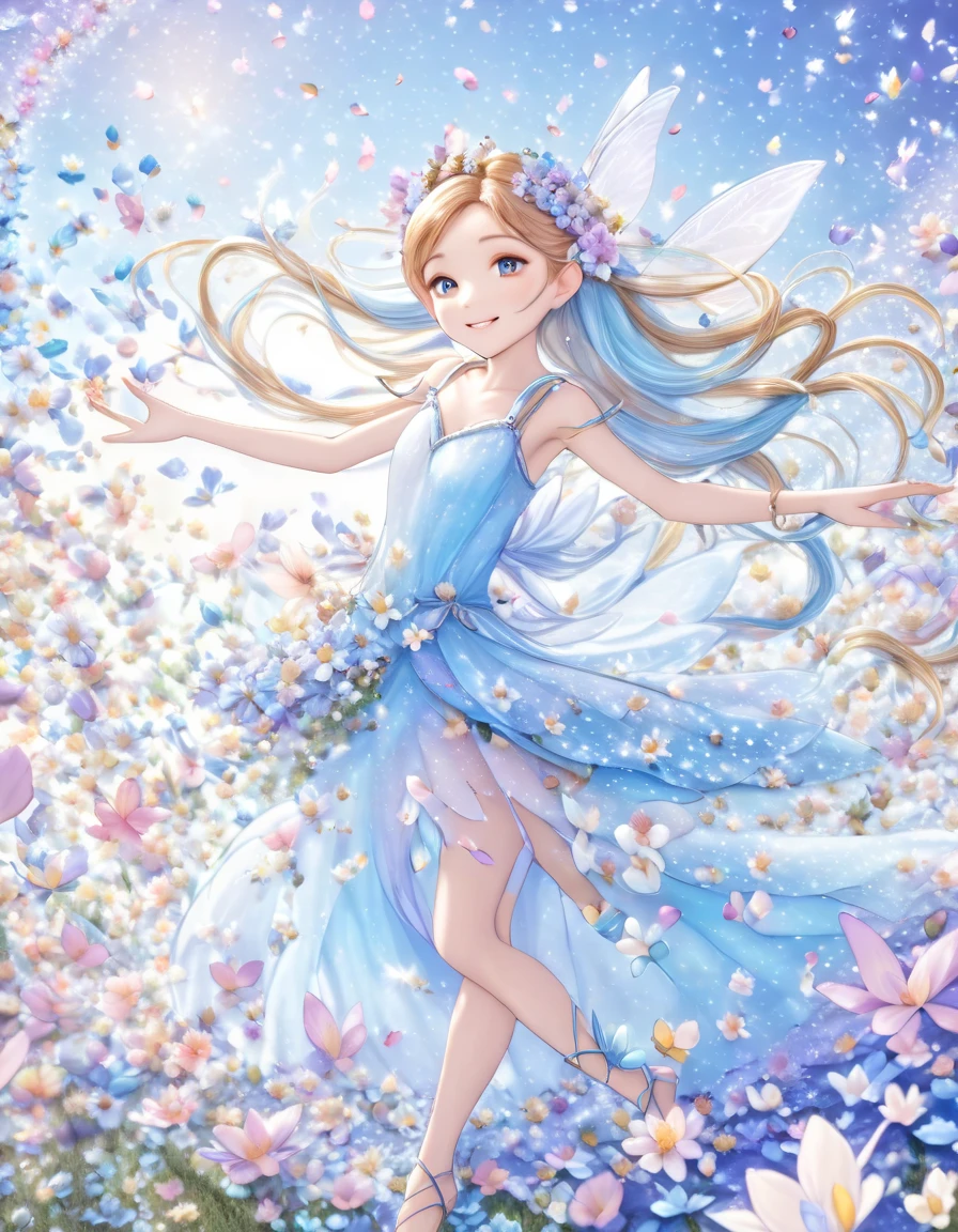  Light Blue Long Hair 、Pretty Girl Fairy with Twin Tails 、smile、Tinkerbell、Beautiful flower field、(((  fairy scales on the petals  :1.7、  Petals dance after the fairy flies、Petals flying in the sky:1.7)))、  Perfect Anatomy 、Little fairy、  amazing illustration 、  Fantasy Illustrations  、Artistic、Light colored illustrations  、  pastel color 、