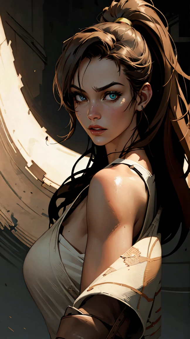 a highly detailed portrait of Lara Croft, wearing her iconic adventurer outfit, beautiful detailed eyes, beautiful detailed lips, extremely detailed face, long eyelashes, messy brown hair, adventurous expression, photo-realistic, 8k, cinematic lighting, unreal engine, epic fantasy, dramatic, cinematic, rich colors, chiaroscuro lighting, volumetric lighting, dramatic shadows, mood lighting, photorealistic, hyper detailed, masterpiece