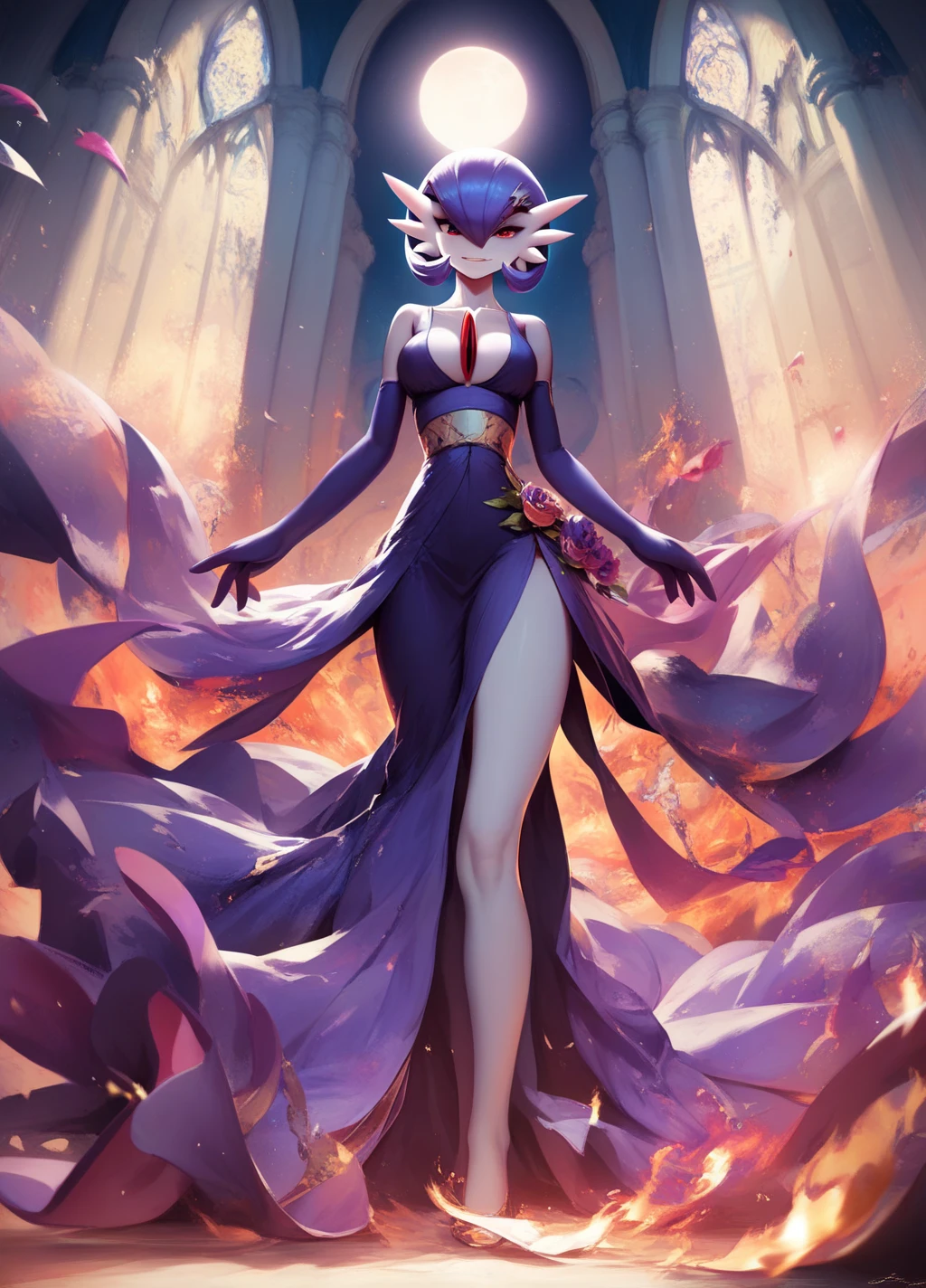 score_9, score_8_up, score_7_up, score_6_up, score_5_up, score_4_up,(8K, best quality, master piece: 1.2),ultra-high resolution, Gardevoir, super detailed skin,masterpiece,best quality,ultra detailed,high resolution,sharp focus, night, lago, epic escenario, solo, , violet hair, violet fire, beautiful elegant purple dress, detailed dress, purple hair, purple, red eyes, escenario lago encantado, violet moon, wallpaper 8k