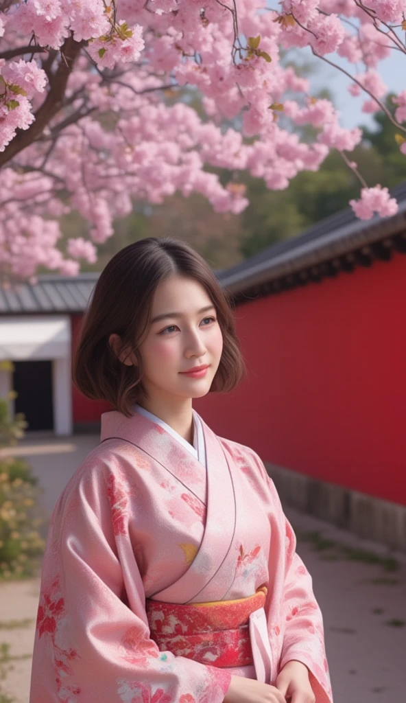 The image shows a young woman wearing a traditional Japanese kimono. She is standing in front of a red wall with pink cherry blossom flowers hanging from it. The woman has shoulder-length dark hair styled in loose waves and is looking off to the side with a slight smile on her face. In the background, there are trees and a building with a white awning. The overall mood of the image is peaceful and serene.