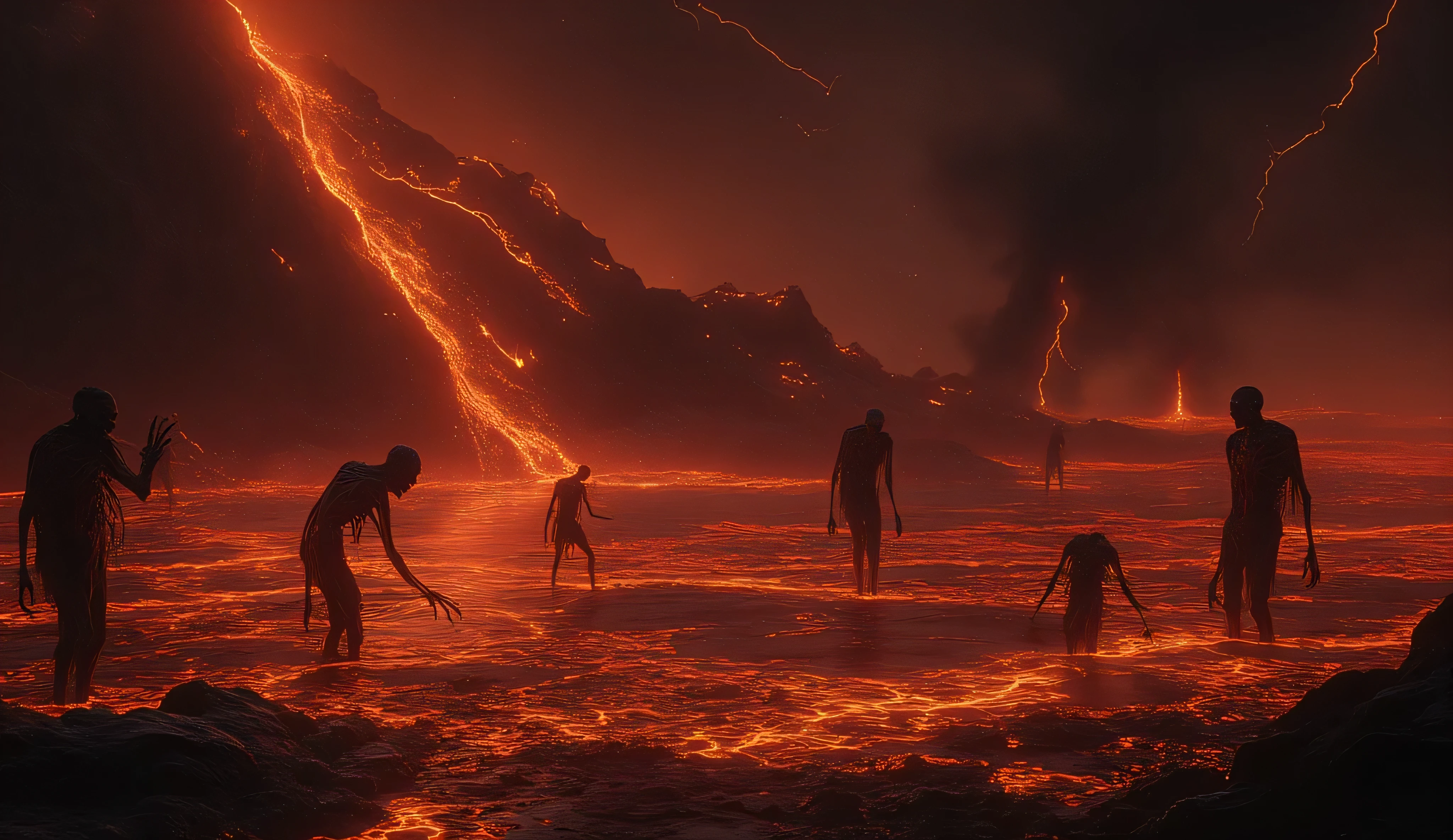 A hellish lava lake with charred skeletons sticking out of it. The sky is black. Crimson lighting. horror