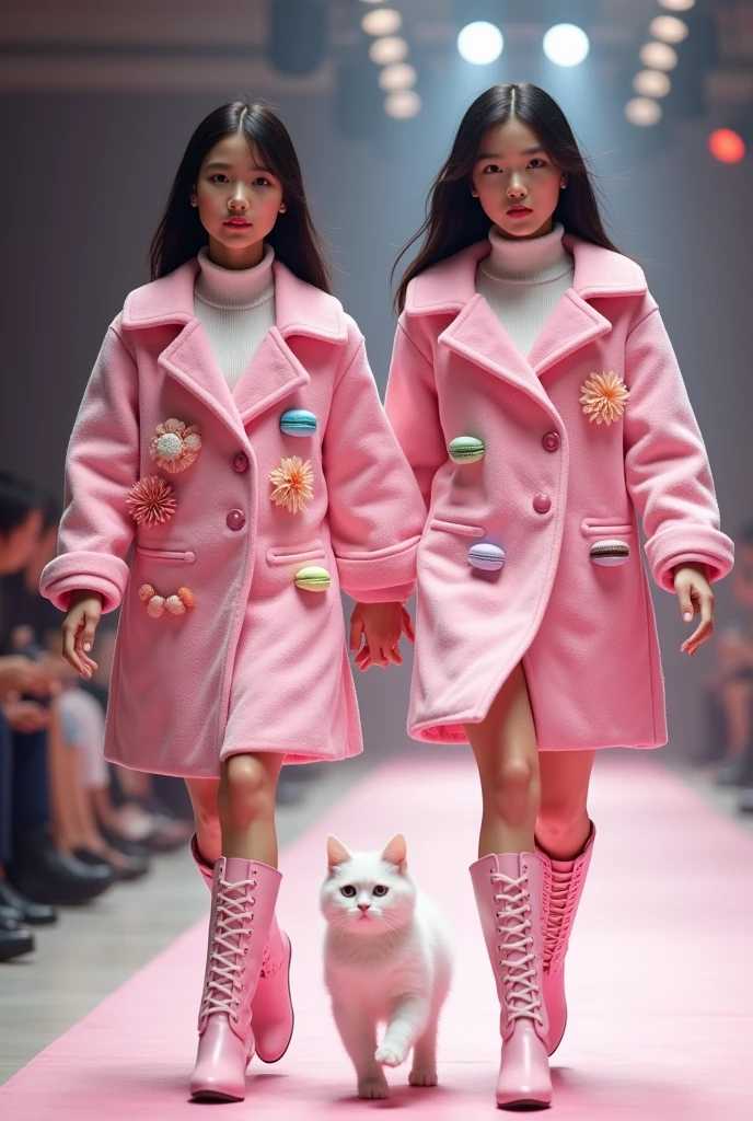 (Photo of a 5-year-old baby girl in a pink coat holding a husky dog on the runway), (full bodyesbian:1.37) ,(The little girl is holding a husky),Holding a husky,(Wear pink high boots and socks:0.8),(Husky dogs wear the same pink coat:1.2),gucci catwalk, catwalks, walking down the catwalk, (A high-fashion), ,2 0 2 0 fashion, gucci clothes, catwalk photo, Furry style,fur attire, fluffly