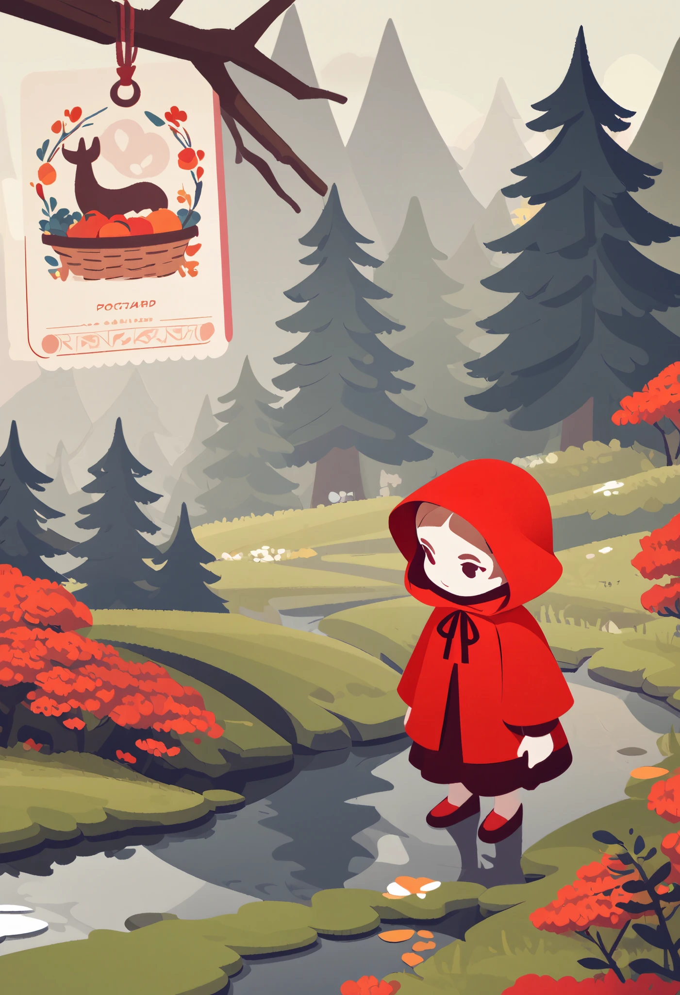 postcard design, story of Little Red Riding Hood, flat Design, anime, vector illustrations, graphic illustration, detailed 2d illustration, flat illustration, digital illustration, digital artwork, lineless, frat color, no lineart,