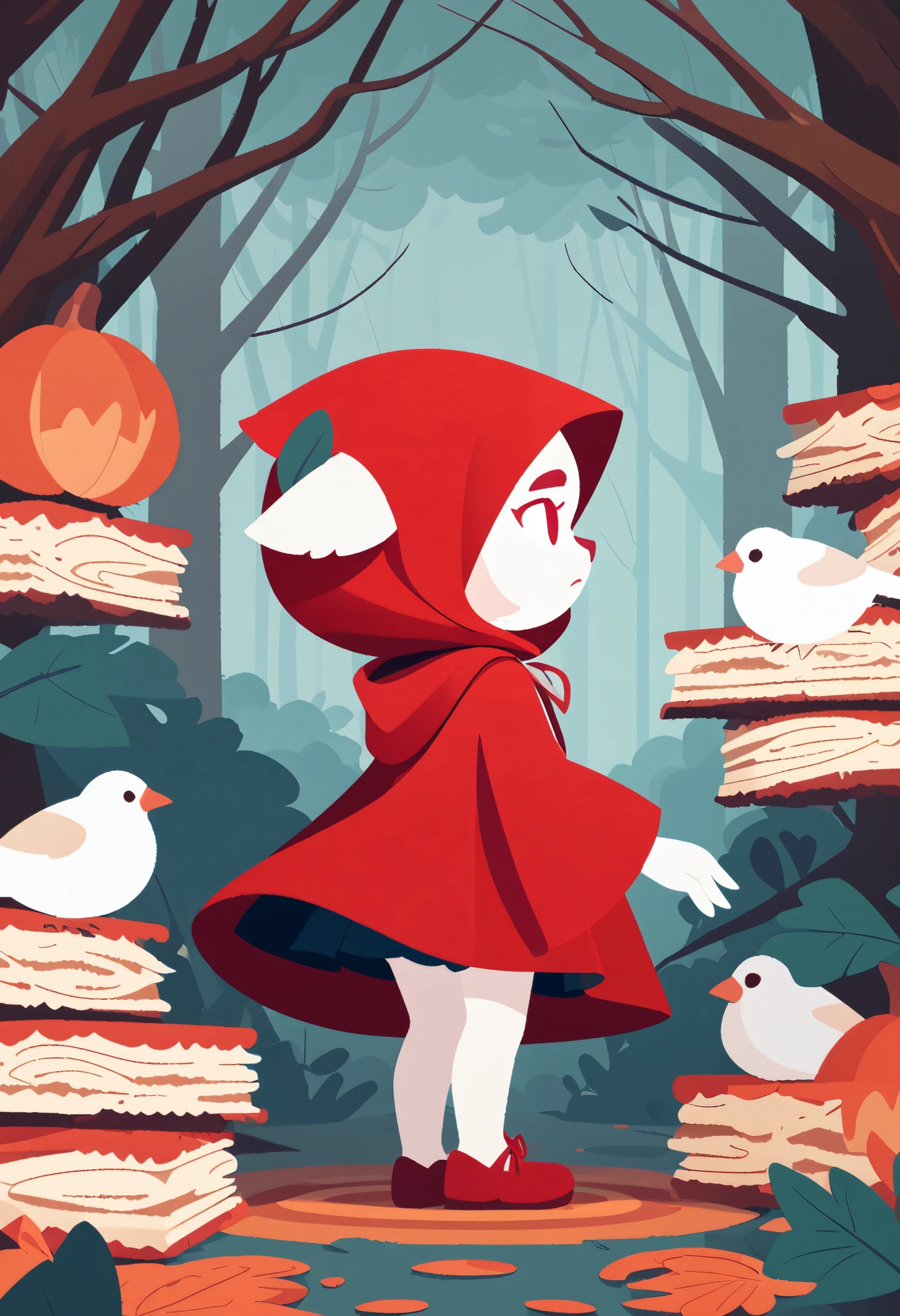 postcard design, story of Little Red Riding Hood, flat Design, anime, vector illustrations, graphic illustration, detailed 2d illustration, flat illustration, digital illustration, digital artwork, lineless, frat color, no lineart,