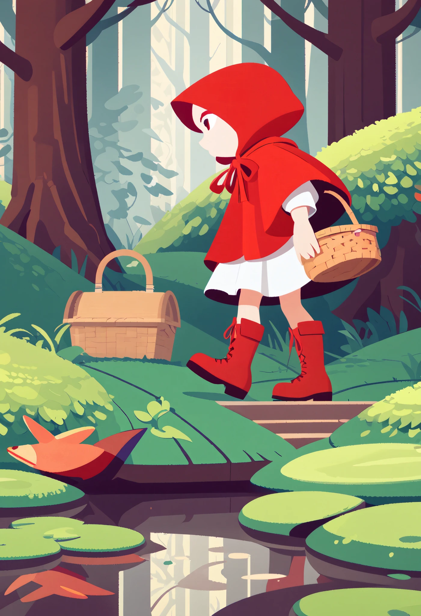 postcard design, story of Little Red Riding Hood, flat Design, anime, vector illustrations, graphic illustration, detailed 2d illustration, flat illustration, digital illustration, digital artwork, lineless, frat color, no lineart,