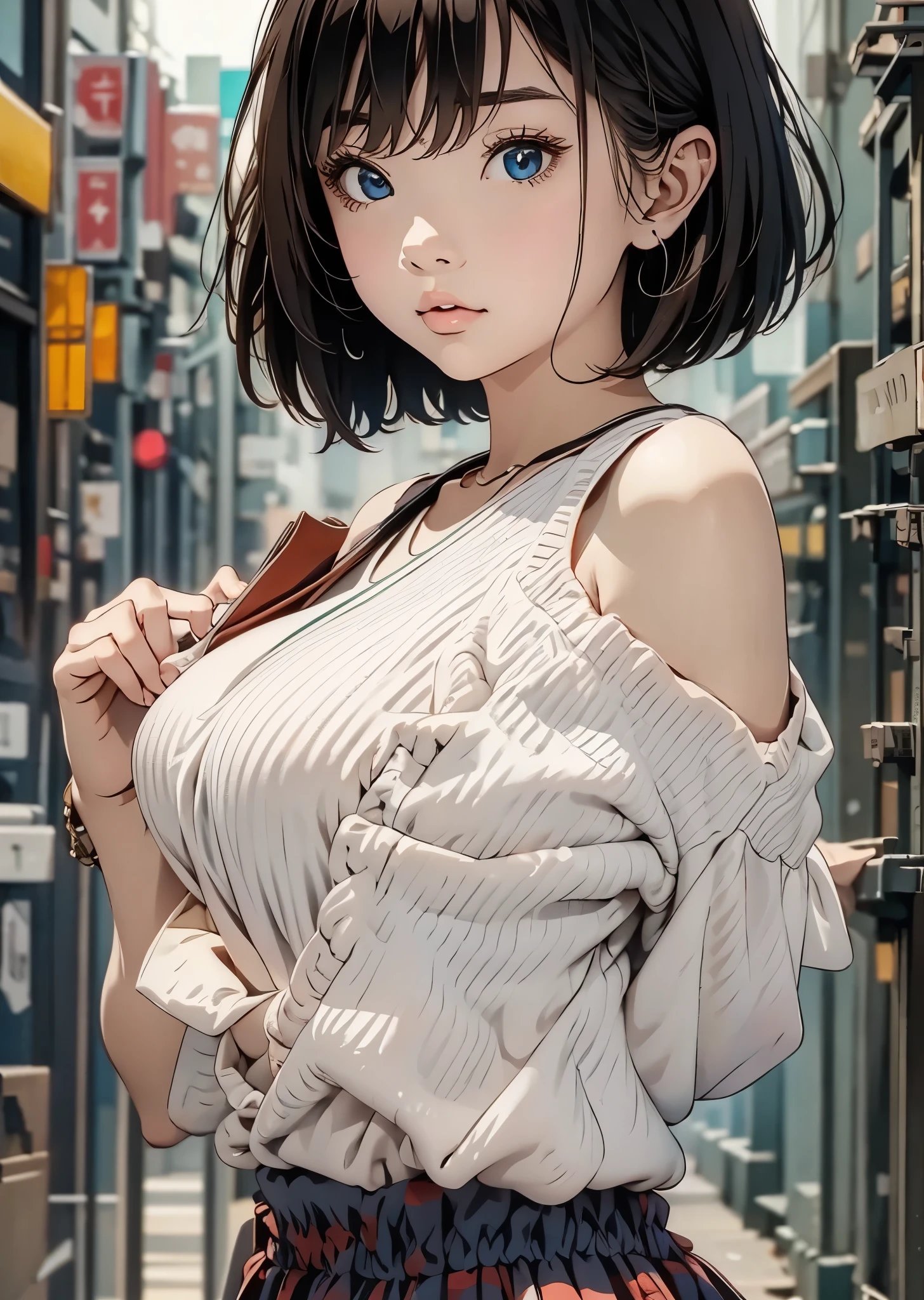  high school girl、  and baby face 、solo、 black hair、 short bob hair、bangs、 Big Breasts  、 Casual Street Fashion 、