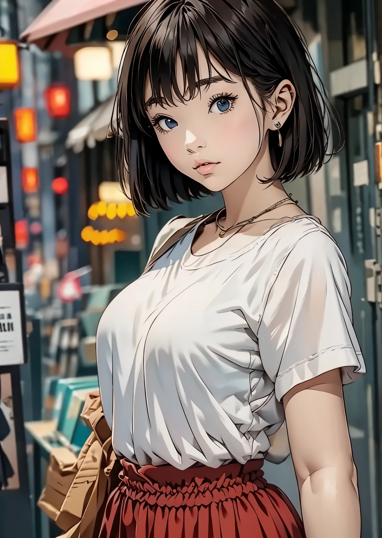  high school girl、  and  、solo、 black hair、 short bob hair、bangs、 Big Breasts  、 Casual Street Fashion 、