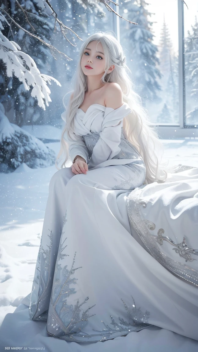 (tmasterpiece, 8K, Best quality, A high resolution, ultra-detailed, ultra-realistic realism),The white, A world covered in silver, branches covered with snow, cold winter touch, Snowflakes dance like elves, Turn the world into a silver fairy tale, Cold, Peaceful and beautiful snow scene, Comfortable and calm, Vibrant colors, Full body, Princess, 1 girl, , a baby face, white hair, (artistic pose),