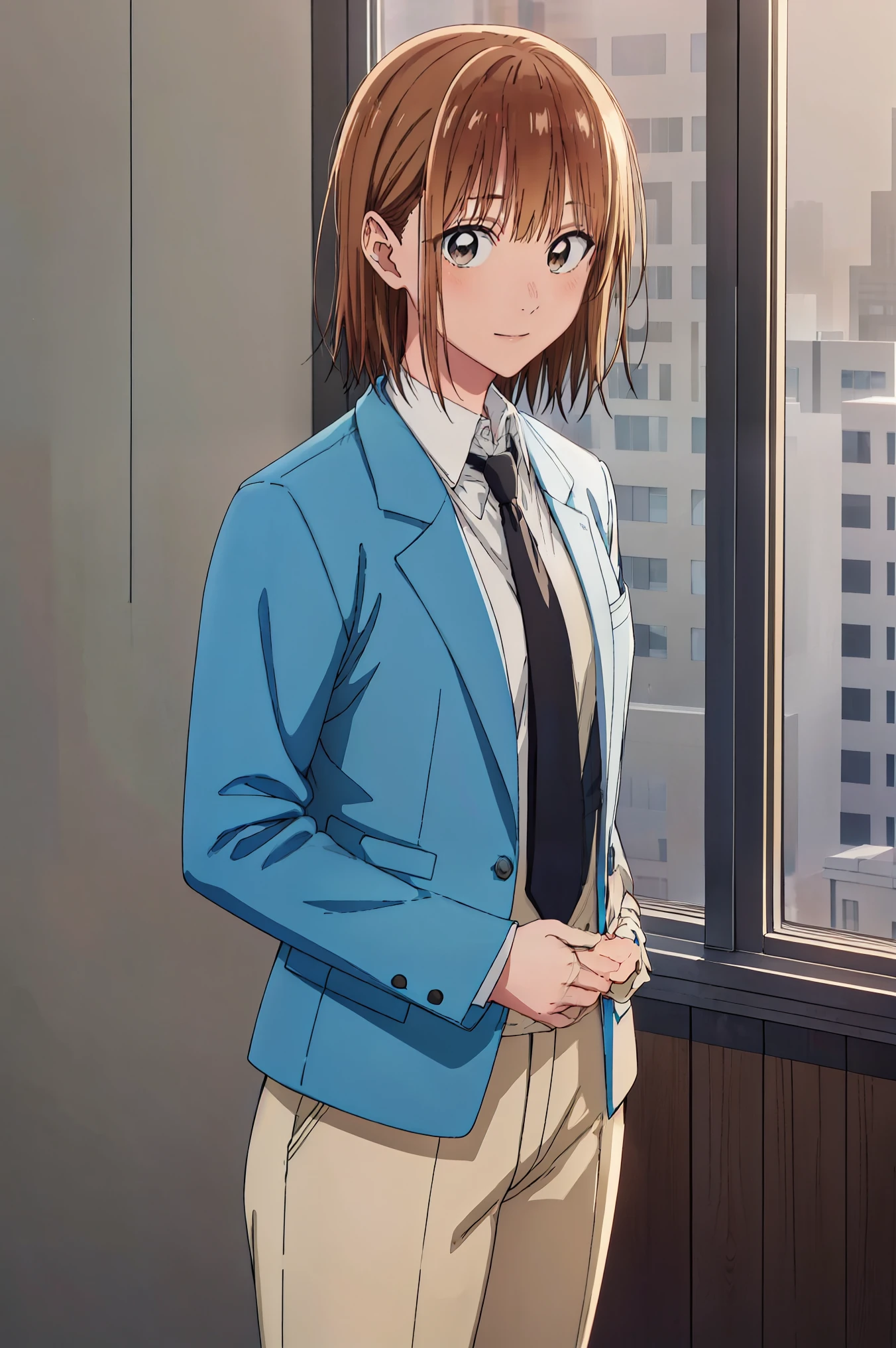 sauce_anime, ambient light,, 1tall girl,
1girl ,, medium hair,  beige hair, , bangs, brown eyes,, badass), perfect eyes , Perfect face, expressive eyes, 
woman in a black formal attractive suit tuxedo tailcoat standing , 1girl, solo, necktie, brown hair, blue eyes, medium hair, smile, jacket, looking at viewer, shirt, pants, blue necktie, collared shirt, white pants, white shirt, indoors, bangs, long sleeves, closed mouth, window, black jacket, blush, cowboy shot, formal, suit medium breast,　　