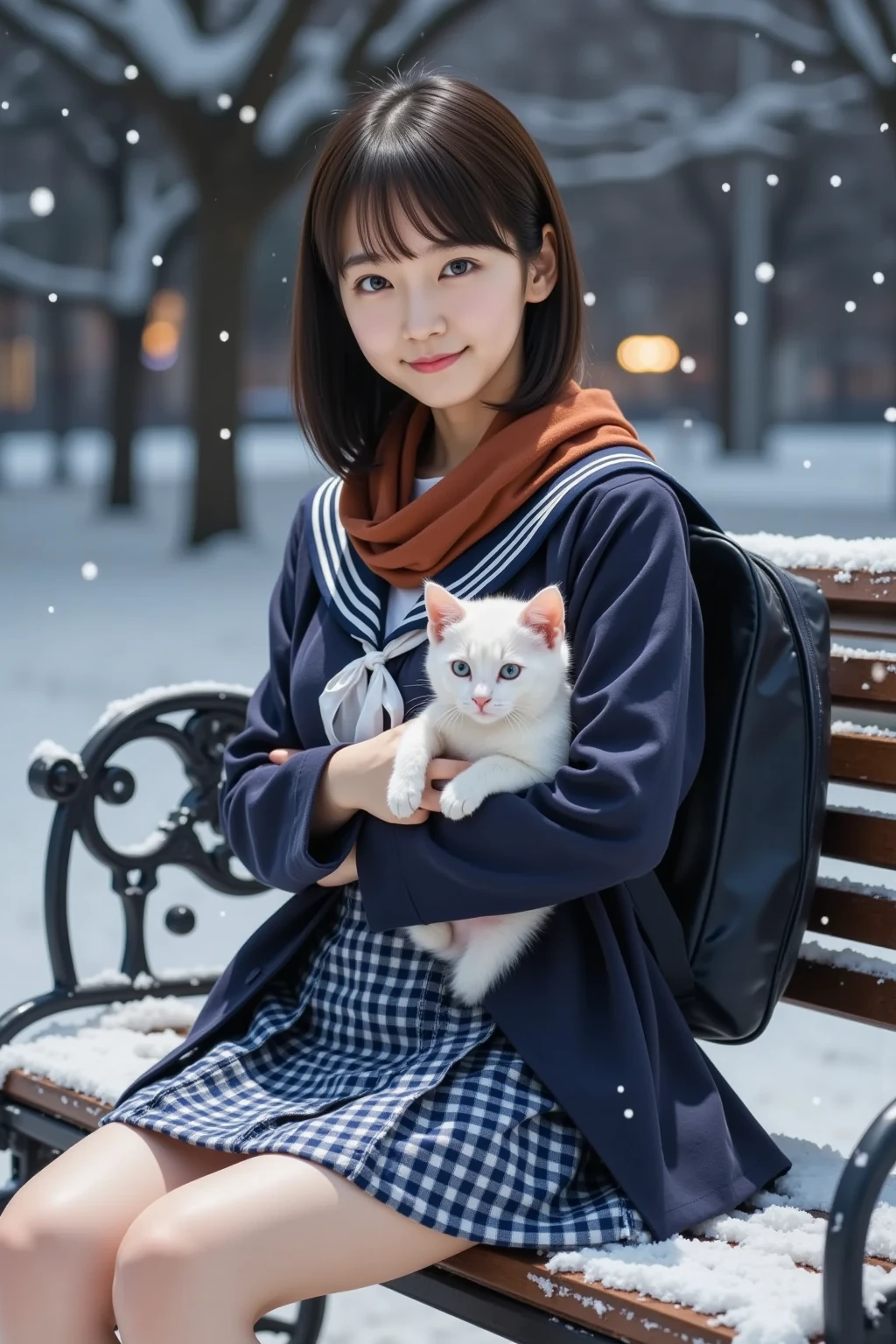  super real ,  photorealistic,  she looks so happy , shadow, Global Illumination, Alone, ( 18 Year Old Japanese Girl :1.5), So beautiful、 very cute idol-like face ,  surimi waist , ( is dressed as a female student wearing a sailor school uniform, a navy blue checked skirt, and a navy blue wool coat:1.2), Navy blue socks and loafers ,  than the girl on the right ,  has a reddish-brown scarf wrapped around her hair ,  she is carrying a navy blue school backpack on her shoulder , ( Beautiful breasts),  Snow Night in the Park ,   The snow is falling steadily  , She is sitting,  holding a white kitten on the side of the bench ,  The kitten is lightly covered with snow , The kitten is watching her , ( showing a kind smile ),  Professional Light