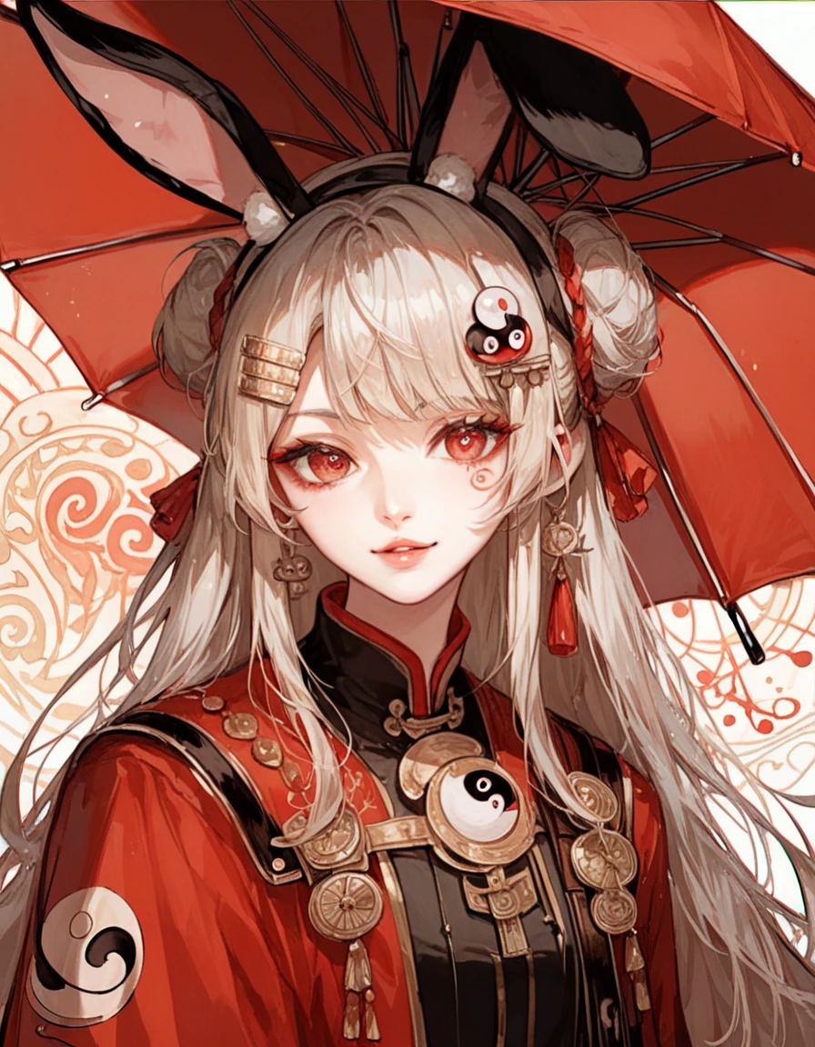 Yin and Yang head left white right black rabbit ears left black right white female costume Jianghu Knight holds a red umbrella, single red pupil, head stamp, red line, 8k virtual character design, character concept table, the ancient design is of the best quality 