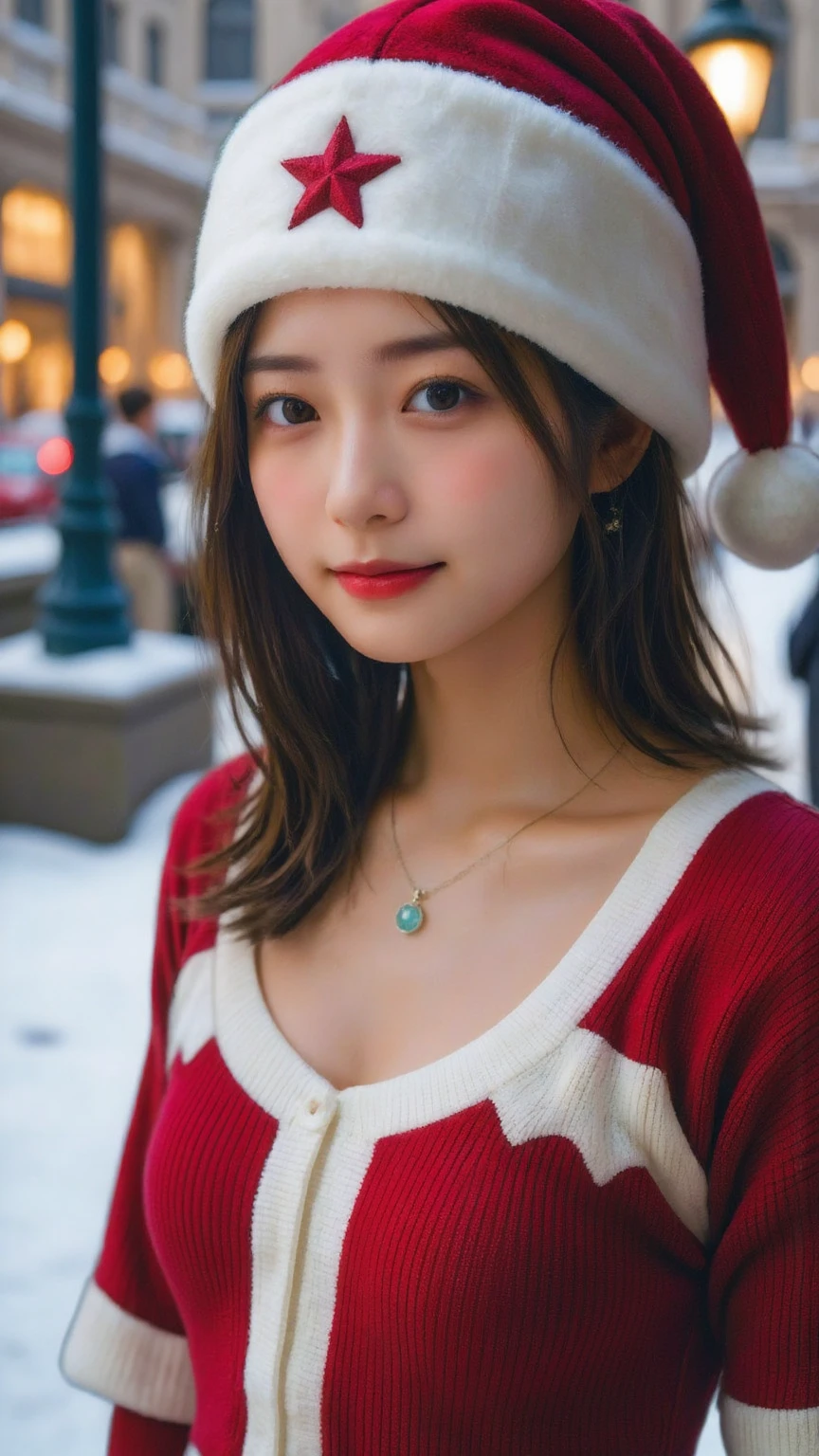 (Christmas Theme), Winter, Snow, Santa woman，conservative attire，with a Santa hat，blue crane，Wearing a red and white Santa  dress，Upper body close-up，Close-up photos，jewelry，Visions of heaven and earth，Magic crystal ball，The background is the Milky Way，solar system, Lighitnig, smil, Large breasts