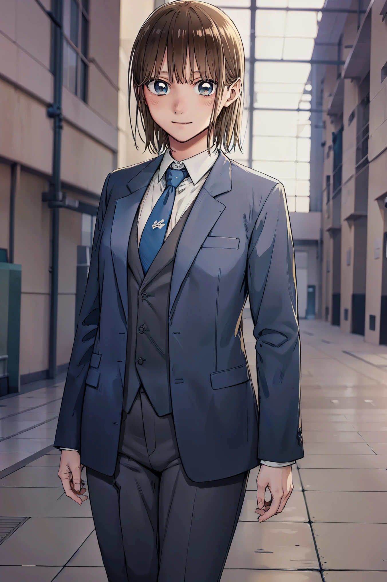 sauce_anime, ambient light,, 1tall girl,
1girl ,, medium hair,  beige hair, , bangs, brown eyes,, badass), perfect eyes , Perfect face, expressive eyes, 
woman in a black formal attractive suit tuxedo tailcoat standing , 1girl, solo, necktie, brown hair, blue eyes, medium hair, smile, jacket, looking at viewer, shirt, pants, blue necktie, collared shirt, white pants, white shirt, indoors, bangs, long sleeves, closed mouth, window, black jacket, blush, cowboy shot, formal, suit medium breast,　　