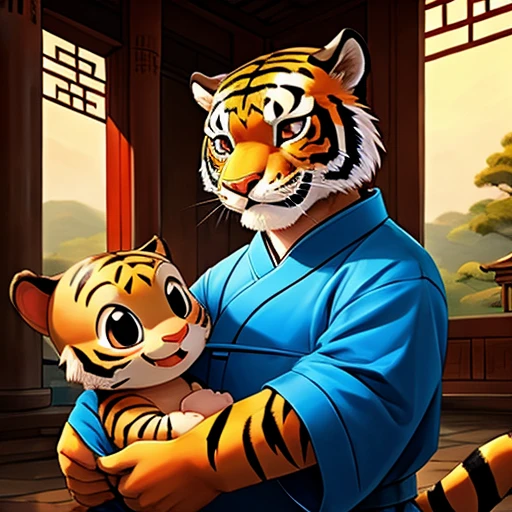 Ancient china , Tiger, Cute, blue clothes, Highest quality, detail, with human baby, make friends