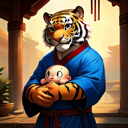 Ancient china , Tiger, Cute, blue clothes, Highest quality, detail, with human baby, make friends