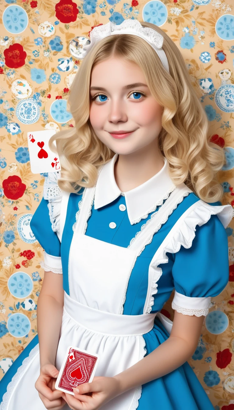 best quality, ultra highres, photoreaslistic, a photography of a cute girl, detailed face, (PureErosFace_V1:0.008), Alice in Wonderland, **yo, blonde wavy hair, white apron, blue dress, playing card pattern background, no make-up