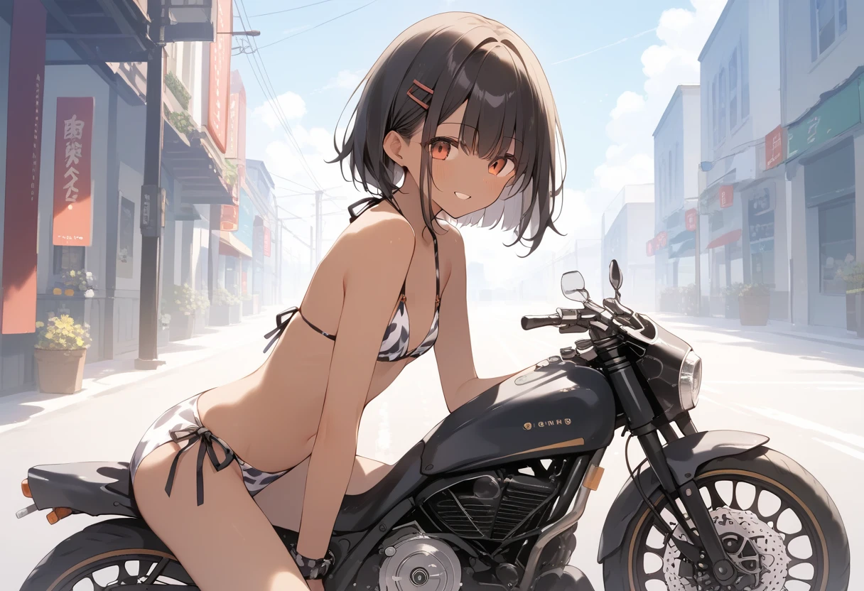 score_9, score_8_up, score_7_up, source_anime, best quality, masterpiece, official art, ultra-detailed,waifu2x, rating:general, break,(clear line illustration:1.2), super detailed skin,(dark-grooming-skinned skin),very high resolution, very aesthetic, Best sexual lighting powered by famous artist, 8k, 16k, cute picture,beauty illustration,photoshop_(medium),best anime 8k konachan wallpaper, pixiv contest winner, A shy smile, shoulder-length hair, Straight hair, bikini ,sitting on motorbike,flat-chest