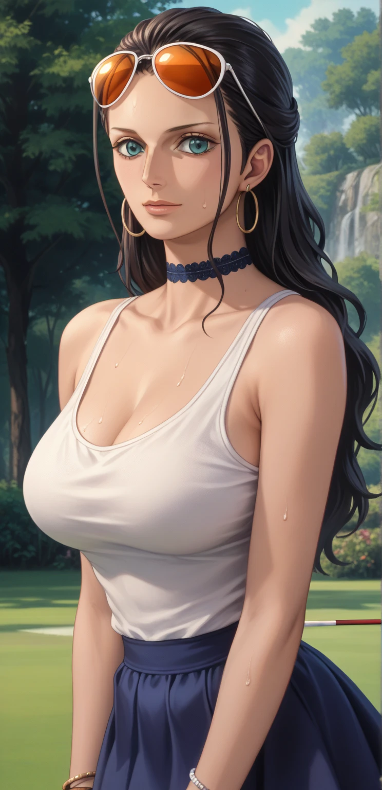 masterpiece, highest quality, Beautiful woman, whole body, Detailed hairstyle, I was sweating, Hoop Earrings, golf bangle, choker, Mature Woman, indoor, nico robin, sunglasses, Wear glasses on your head, Long Hair, big breasts tanktop, mini skirt, playing golf，（8k，RAW Photos），（Best Quality），（Masterpiece Loose），（Realistic，）（Realistic），（High resolution），Hyper Detail，（Gentle Realism：1.1），Beautiful Face， （1 Female：1.1），High resolution), (8k), (Very detailed), (4K), (Pixiv), Perfect Face, Beautiful eyes and face, (highest quality), (Very detailed), Detailed face and eyes, (alone), Textured skin, absurdes, High resolution,