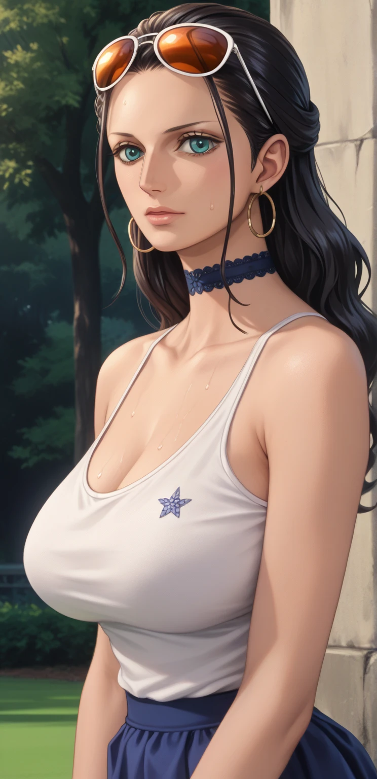 masterpiece, highest quality, Beautiful woman, whole body, Detailed hairstyle, I was sweating, Hoop Earrings, golf bangle, choker, Mature Woman, indoor, nico robin, sunglasses, Wear glasses on your head, Long Hair, big breasts tanktop, mini skirt, playing golf，（8k，RAW Photos），（Best Quality），（Masterpiece Loose），（Realistic，）（Realistic），（High resolution），Hyper Detail，（Gentle Realism：1.1），Beautiful Face， （1 Female：1.1），High resolution), (8k), (Very detailed), (4K), (Pixiv), Perfect Face, Beautiful eyes and face, (highest quality), (Very detailed), Detailed face and eyes, (alone), Textured skin, absurdes, High resolution,