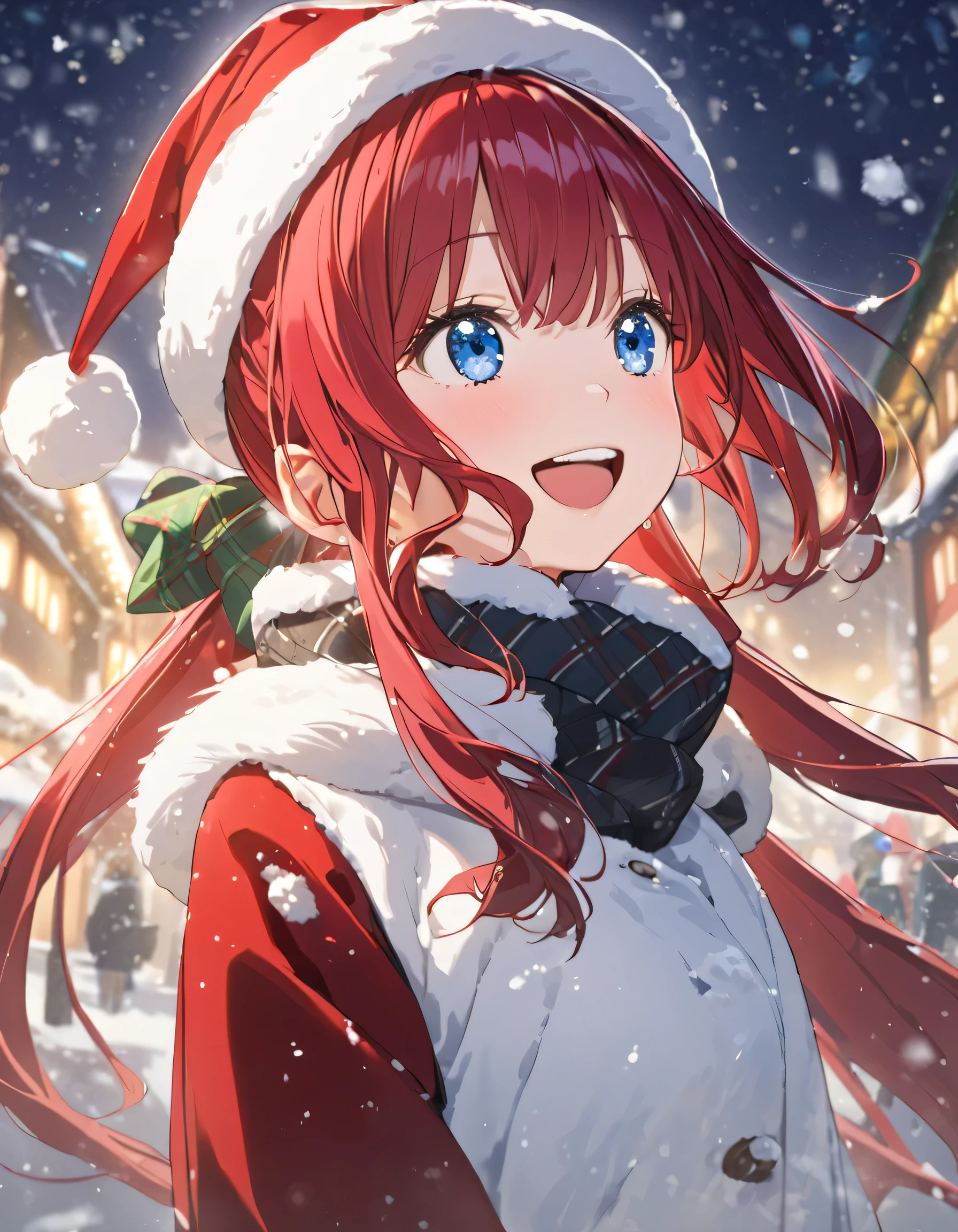 Age 23, girl、 redhead、 long hair, ponytail, earrings for a single woman , upper body, smile , A mean smile,Anime Images,winter, excited , Inside the girl's room,Santa hat, blue eyes,profile,Looking up a little