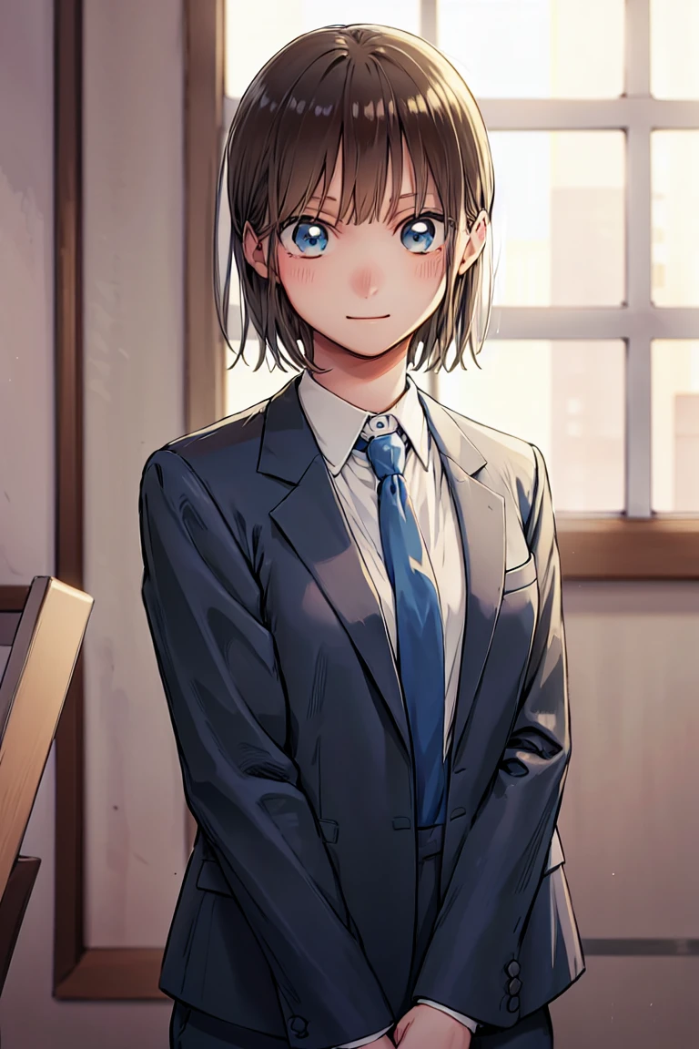 sauce_anime, ambient light,, 1tall girl,
1girl ,, medium hair,  beige hair, , bangs, brown eyes,, badass), perfect eyes , Perfect face, expressive eyes, 
woman in a black formal attractive suit tuxedo tailcoat standing , 1girl, solo, necktie, brown hair, blue eyes, medium hair, smile, jacket, looking at viewer, shirt, pants, blue necktie, collared shirt, white pants, white shirt, indoors, bangs, long sleeves, closed mouth, window, black jacket, blush, cowboy shot, formal, suit medium breast,　　