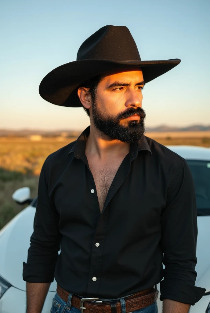 Create a hyperrealistic image of a young, elegant man posing next to a modern car in a rural setting illuminated by warm evening light.  The man wears a black denim hat wide wing ,  that casts a subtle shadow on his face , , giving him a mysterious and sophisticated air .  He wears a black button-down shirt ,  slightly unbuttoned at the top to reveal a small minimalist tattoo on his neck ,  adding a personal touch .  His leather belt has details engraved in a traditional denim style ,  with a striking metal buckle that matches his style .

The white car ,  parked behind him ,  reflects sunlight and provides a clean contrast with the dark tones of his outfit .  The environment includes a rural landscape with low vegetation and a clear horizon under a clear blue sky .  The lighting is warm and golden , typical of the sunset , , highlighting the details of the man's face ,  the material of his clothes and the elements of the belt .

 The man's pose is relaxed but safe ,  with one hand resting on the car and the other resting close to his waist ,  highlighting his confidence and charisma .  His facial expression conveys serenity and determination ,  with a light tilting his head to the side as his gaze is directed to the horizon .

 The frame must capture the half-bodied man ,  clearly showing the car and the rural environment as a context .  The colors must be balanced ,  with warm tones of natural lighting that contrast with the black of his clothing and the white of the vehicle .  The composition must convey a mix of modern style and traditional elements ,  capturing the essence of a contemporary cowboy in a calm and timeless environment .