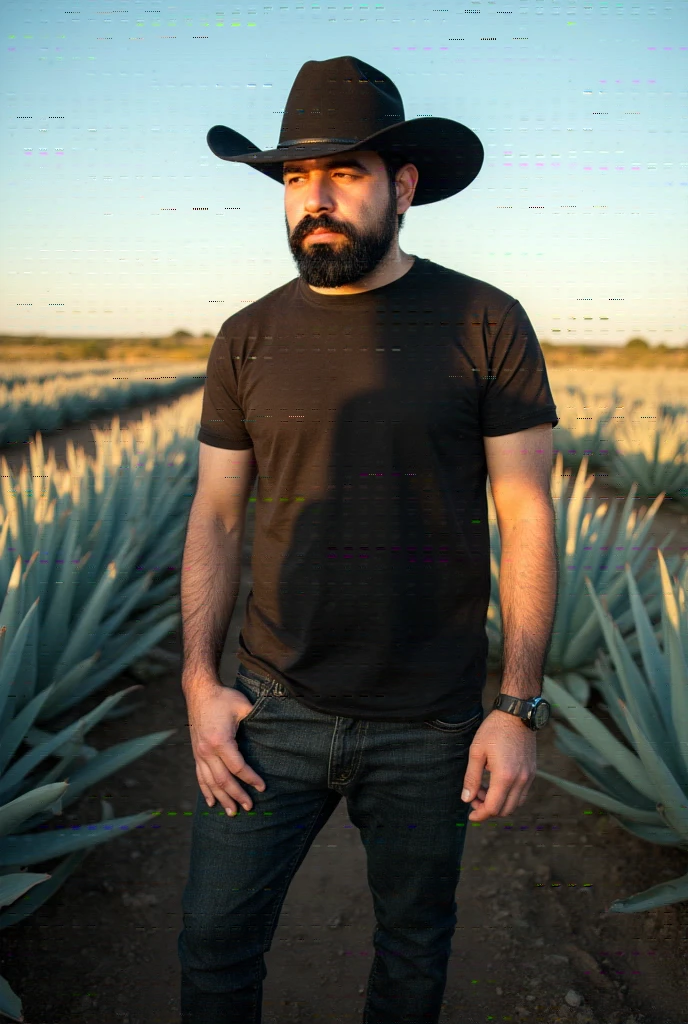  Create a hyperrealistic image of a young and stylized man ,  standing in an agave field under the warm, golden light of the sunset .  He's wearing a black winged cowboy hat wide that casts an elegant shadow over her face ,  accentuating a serious and contemplative profile .  Wear a completely black outfit ,  composed of a tight t-shirt and dark jeans that give him a simple but striking style , while the leather denim boots in a shade of brown contrast slightly with the rest of the outfit and add a classic touch.

. The surrounding agave field is composed of symmetrical rows of bluish plants that extend to the horizon ,  capturing the essence of the Mexican rural landscape .  The earth under your feet is dark and dry ,  with visible textures that bring realism to the scene . The clear sky,  in an intense blue , serves as a background , , enhancing the calm and warm atmosphere of the environment .

 The lighting is natural ,  with the light of the bath man and landscape , , creating elongated shadows and a warm glow that enhances the details of her outfit and the contours of the agave leaves .  The composition should capture the full-bodied man ,  with its relaxed but firm pose ,  one hand in his pocket and the other resting next to his body ,  transmitting trust and connection with its environment .

 The colors must be balanced :  the dark tones of the man's outfit contrast with the blue green of the agave plants ,  while the golden light of the sun adds warmth to the outfit .  The image should evoke a sense of tradition ,  modernity and pride in an authentic rural environment .