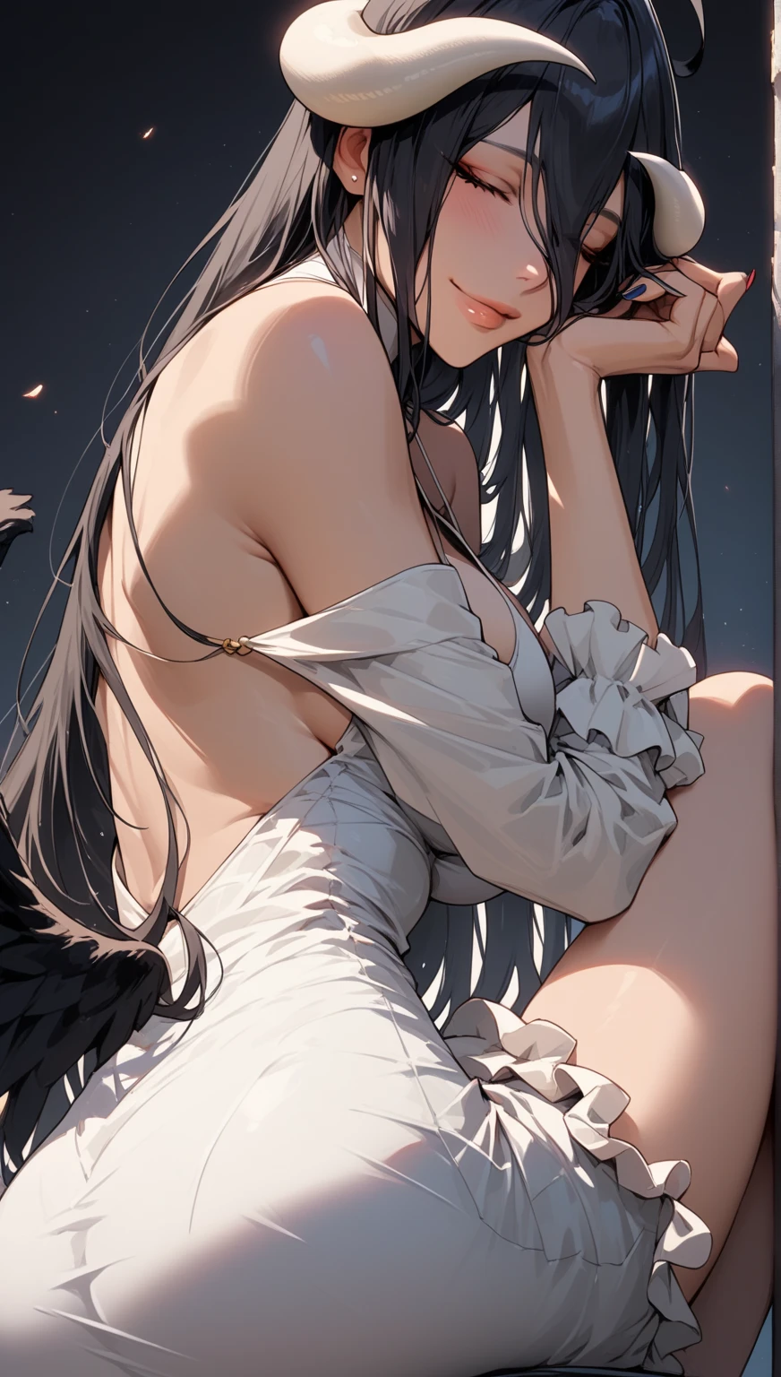 (score_9,score_8,score_7_up,score_6_up)sinozick style，flat color, dark theme
waligner overlord albedo absurdres english_commentary highres paid_reward_available 1girl ass white_dress backless_outfit bare_shoulders white_dress breasts black_hair cleavage closed_mouth cowboy_shot detached_sleeves dress elbow_rest from_behind hair_between_eyes halterneck hand_on_own_cheek hand_on_own_face head_rest holding jewelry large_breasts looking_at_viewer multiple_views nail nail_polish parted_lips short_dress  sitting smile  tight_clothes tight_dress upper_body 