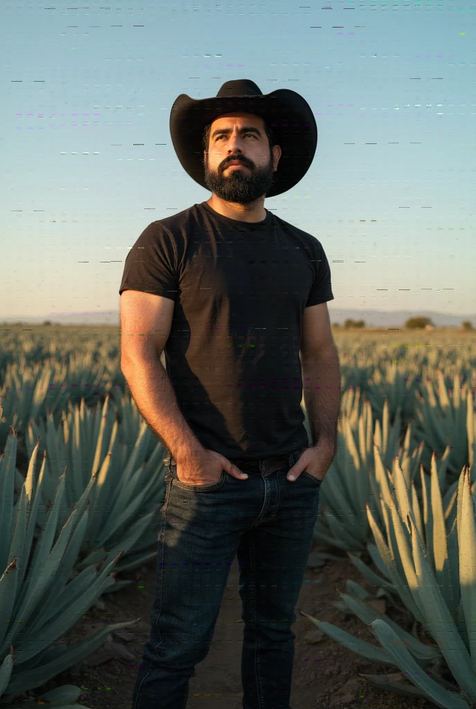  Create a hyperrealistic image of a young and stylized man ,  standing in an agave field under the warm, golden light of the sunset .  He's wearing a black winged cowboy hat wide that casts an elegant shadow over her face ,  accentuating a serious and contemplative profile .  Wear a completely black outfit ,  composed of a tight t-shirt and dark jeans that give him a simple but striking style , while the leather denim boots in a shade of brown contrast slightly with the rest of the outfit and add a classic touch.

. The surrounding agave field is composed of symmetrical rows of bluish plants that extend to the horizon ,  capturing the essence of the Mexican rural landscape .  The earth under your feet is dark and dry ,  with visible textures that bring realism to the scene . The clear sky,  in an intense blue , serves as a background , , enhancing the calm and warm atmosphere of the environment .

 The lighting is natural ,  with the light of the bath man and landscape , , creating elongated shadows and a warm glow that enhances the details of her outfit and the contours of the agave leaves .  The composition should capture the full-bodied man ,  with its relaxed but firm pose ,  one hand in his pocket and the other resting next to his body ,  transmitting trust and connection with its environment .

 The colors must be balanced :  the dark tones of the man's outfit contrast with the blue green of the agave plants ,  while the golden light of the sun adds warmth to the outfit .  The image should evoke a sense of tradition ,  modernity and pride in an authentic rural environment .