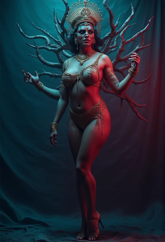 Photo of a ancient hindu nude goddess devi (((mythical))), 25 years old, DSLR photography, curvy voluptuous, half body,clear face, glamourous, cinematic light, raw photo, ((((Raw detail)))), masterpiece, Extremely Realistic, Realism,Portrait,Raw photo, cinematic neon lighting, Photography,High detailed ,photorealistic,shot on sony vanice camera, high heels,DDRFashion,Extremely Realistic,r4w photo,aesthetic portrait, visible skin details and pores, dark nature,