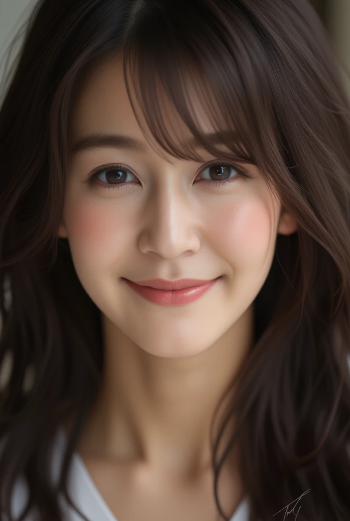 A close-up of an East-Asian woman with long black hair, her bangs falling over her right eye, smiling warmly as she looks directly at the camera, soft lighting, smooth skin, natural expression, cinematic focus.